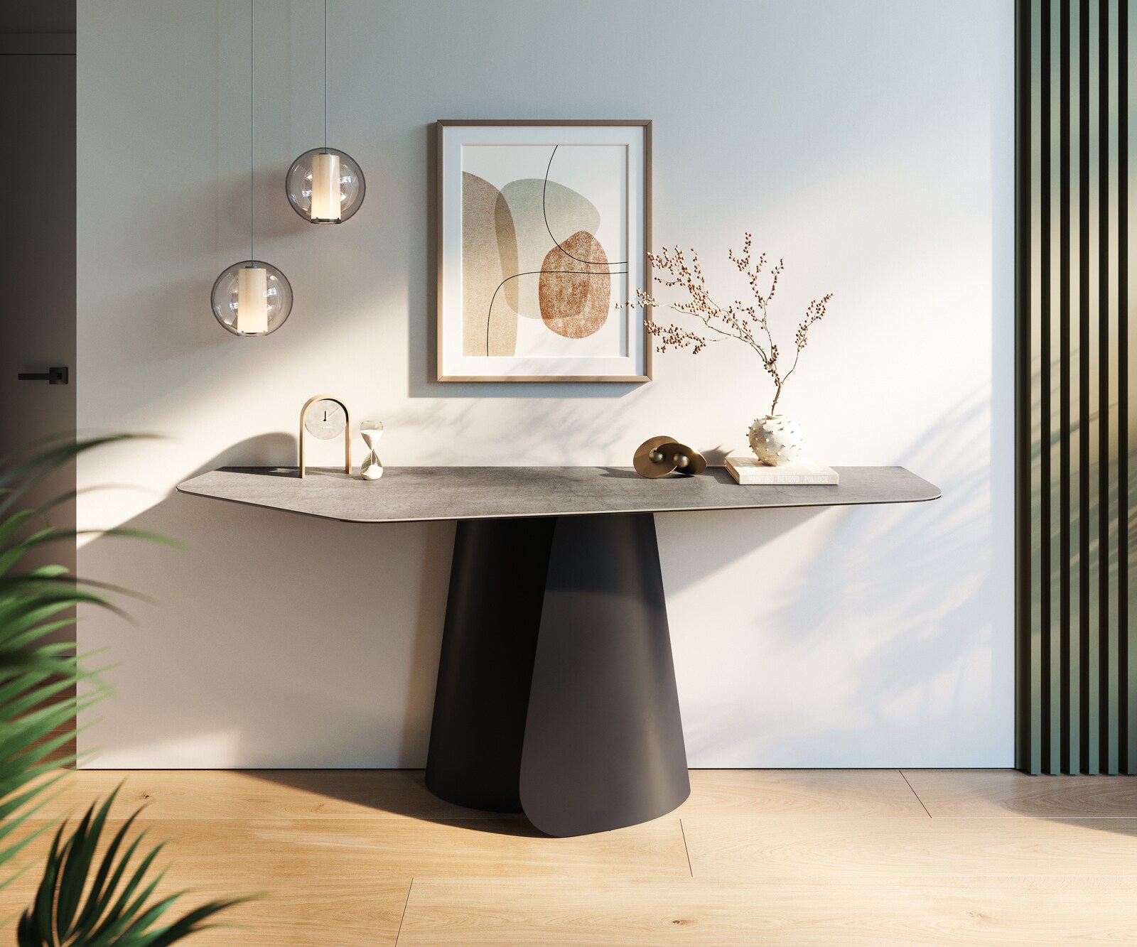 Console Edge Polygonal 180x50 cm Céramique Gris béton Livos Métal Noir 4