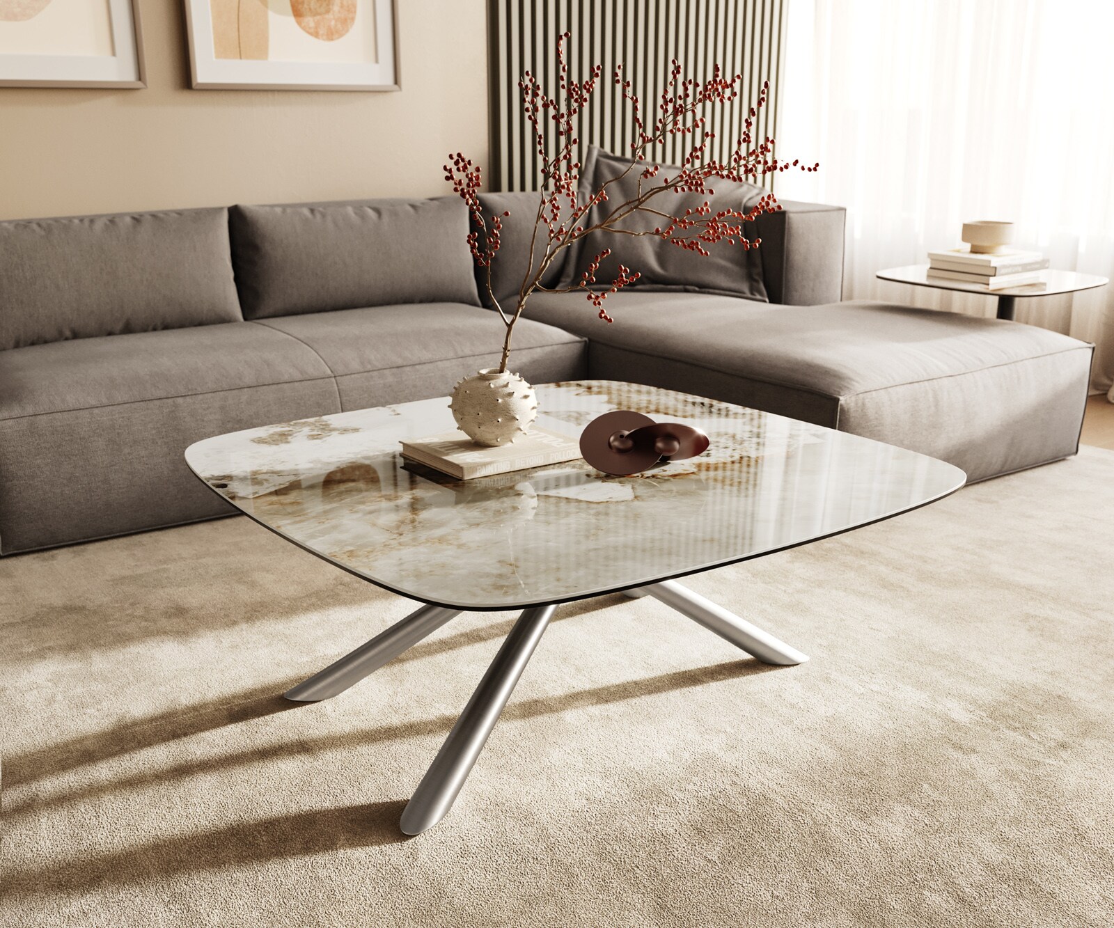 Table basse Edge Boot 90x90 cm céramique Minas Melange Sarity acier inoxydable brossé 1