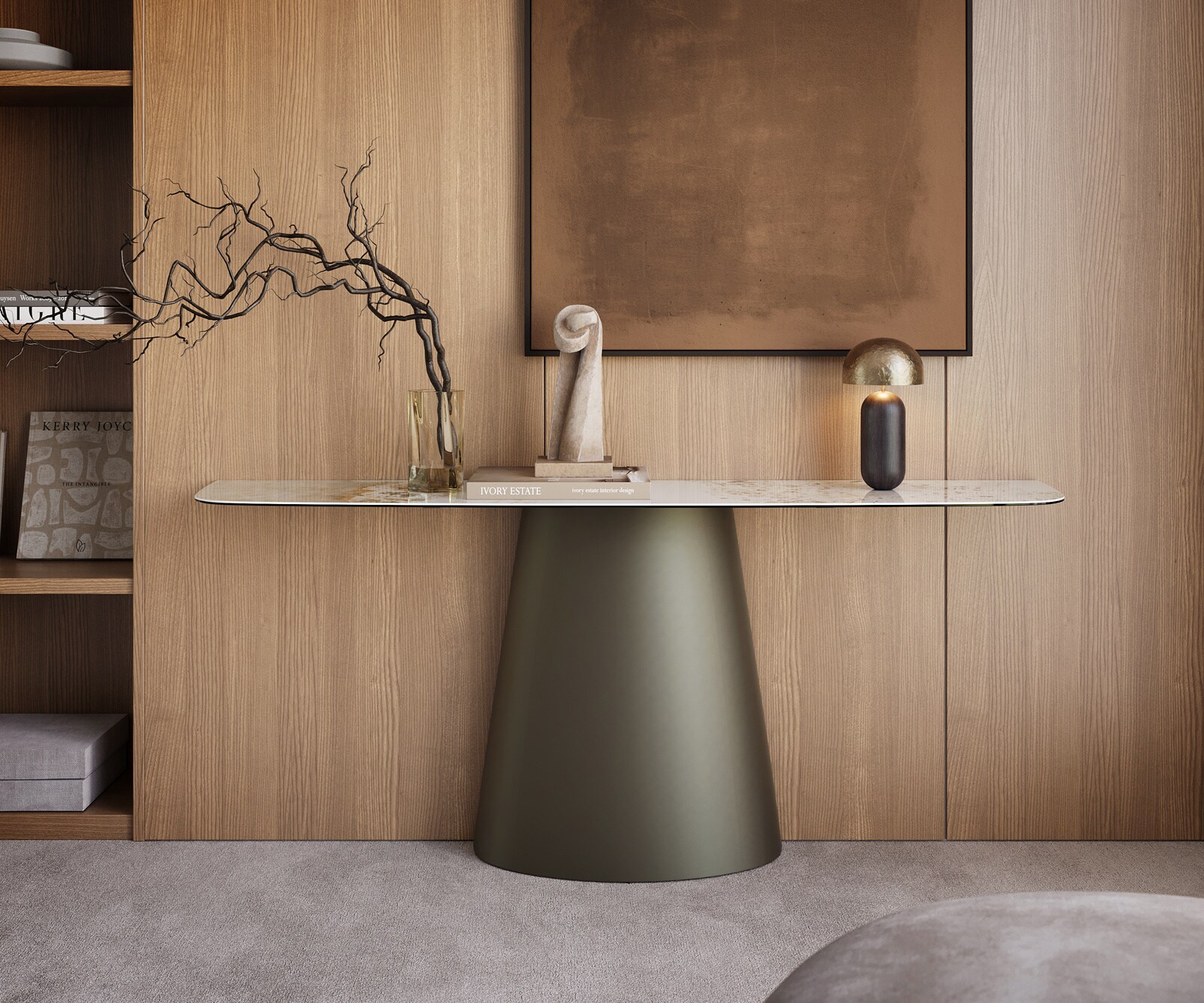 Console Edge forme bateau 180x40 cm Céramique Minas Melange Weiß-Beige Conos Métal Effektfinish Titan 4