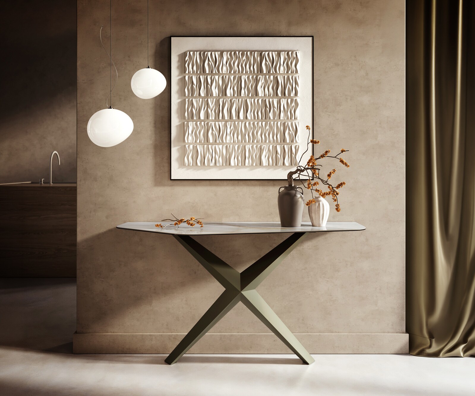 Console Edge Polygonal 140x50 cm Céramique Onyx Pearl Zentharo Métal Effektfinish Titan 1