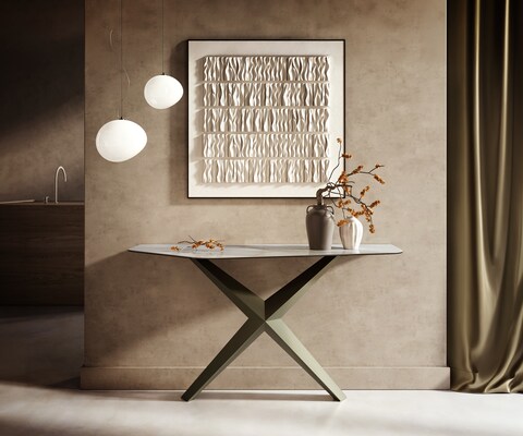 Console Edge Polygonal 140x50 cm Céramique Onyx Pearl Zentharo Métal Effektfinish Titan