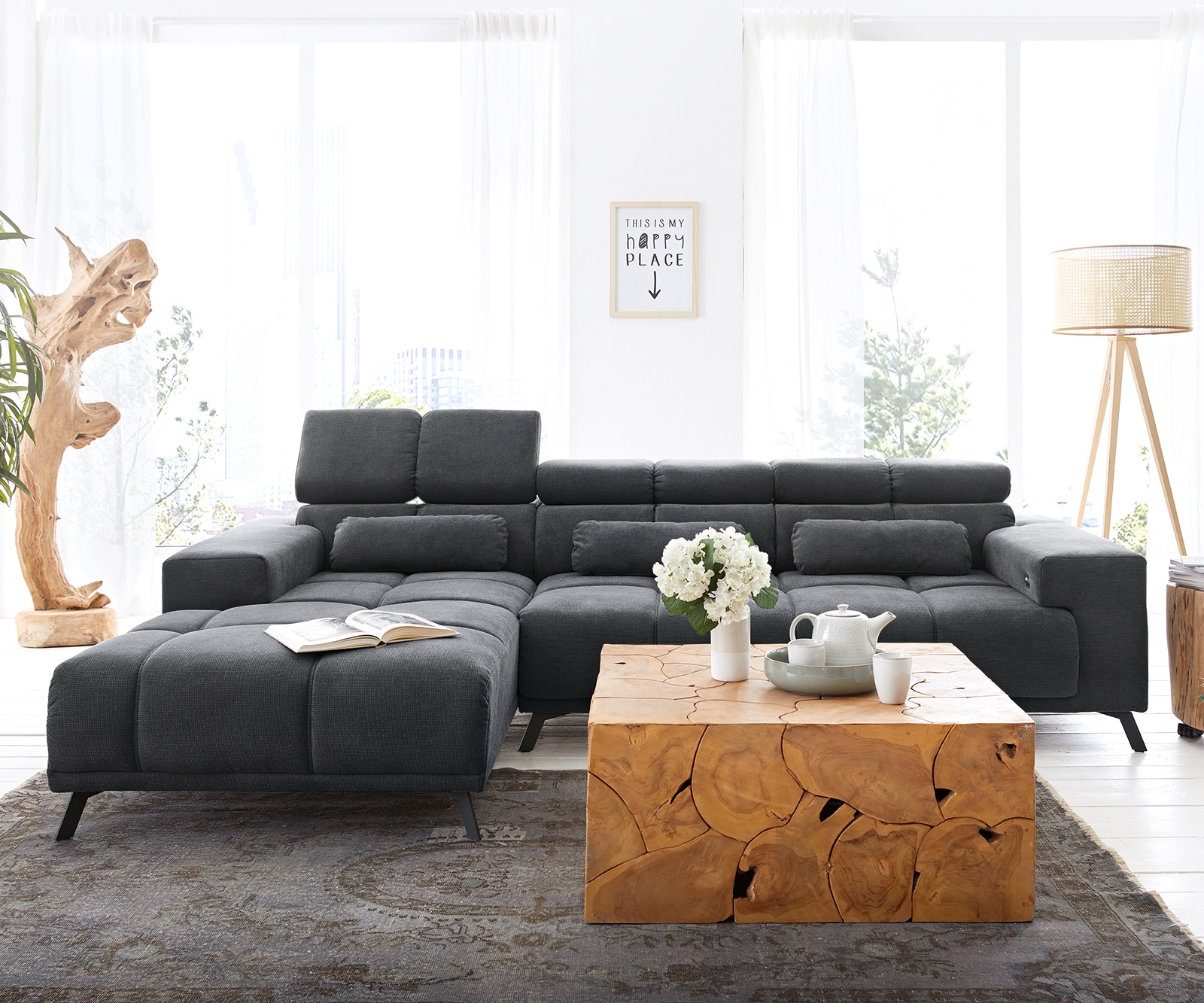 Canapé-d'angle Ordino 285x200 microfibre noir ottomane gauche réglage électrique de la profondeur d'assise 1 Canapé-d'angle Ordino 285x200 microfibre noir ottomane gauche réglage électrique de la profondeur d'assise 1