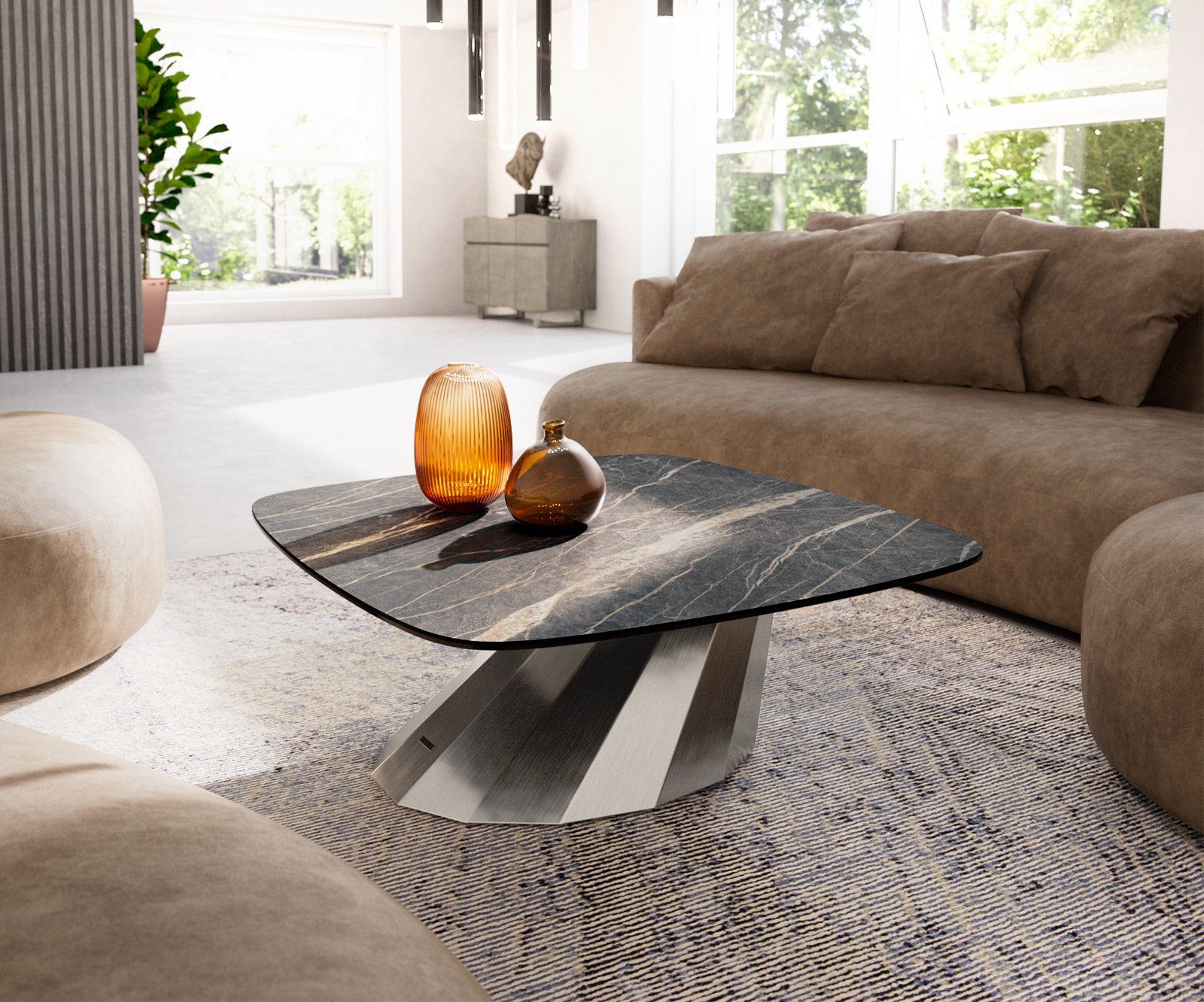 Table basse Edge Boot 90x90 cm céramique Laminam® Noir Desir brun Parabi acier inoxydable brossé 1