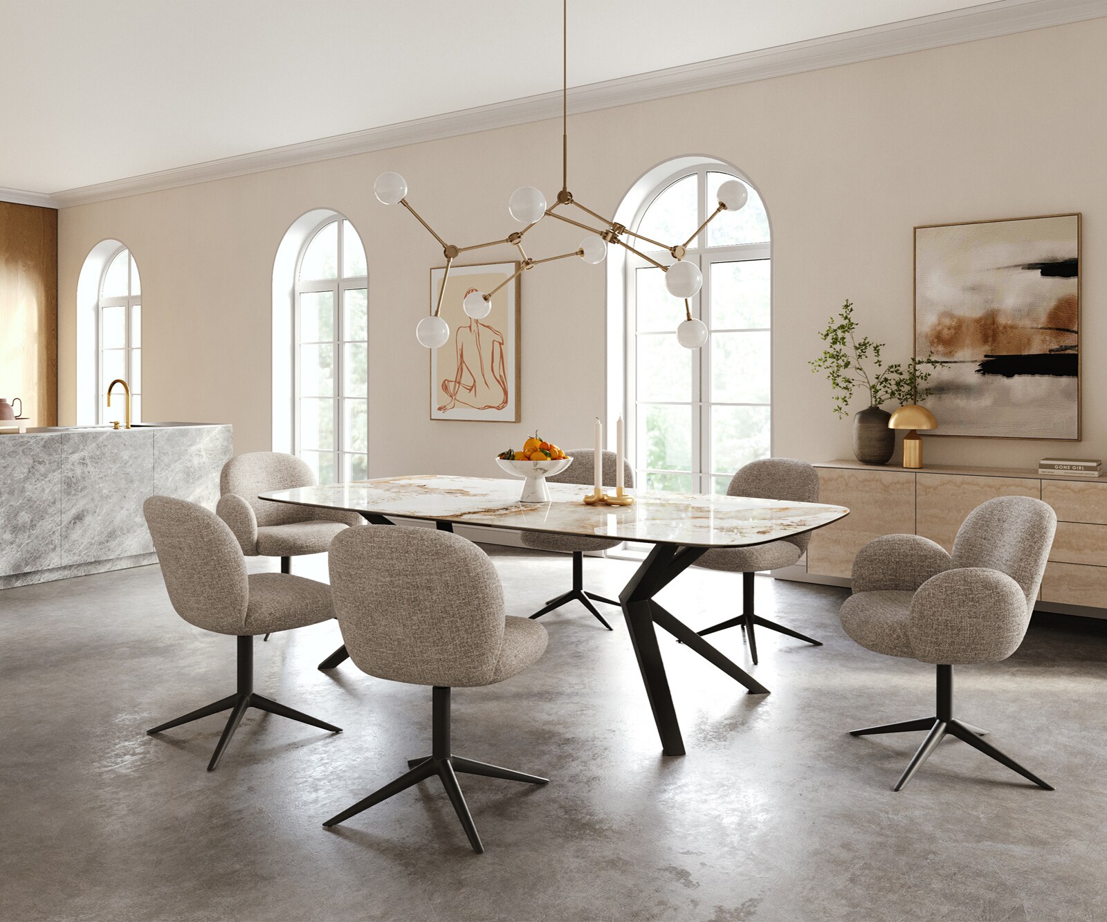 Table à manger Edge Boot 240x120 cm Céramique Minas Melange Blanc-Beige Zenthara anguleux Métal Noir 5