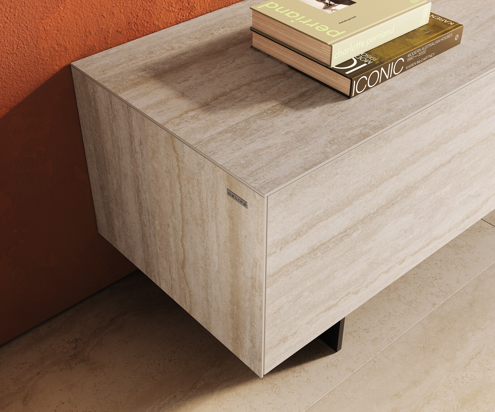 Meuble-TV Cuor 220 cm Céramique Laminam® Travertino Bianco Crème-blanc 1 Clapet 2 Tiroirs Pied optique flottant Métal Noir 6