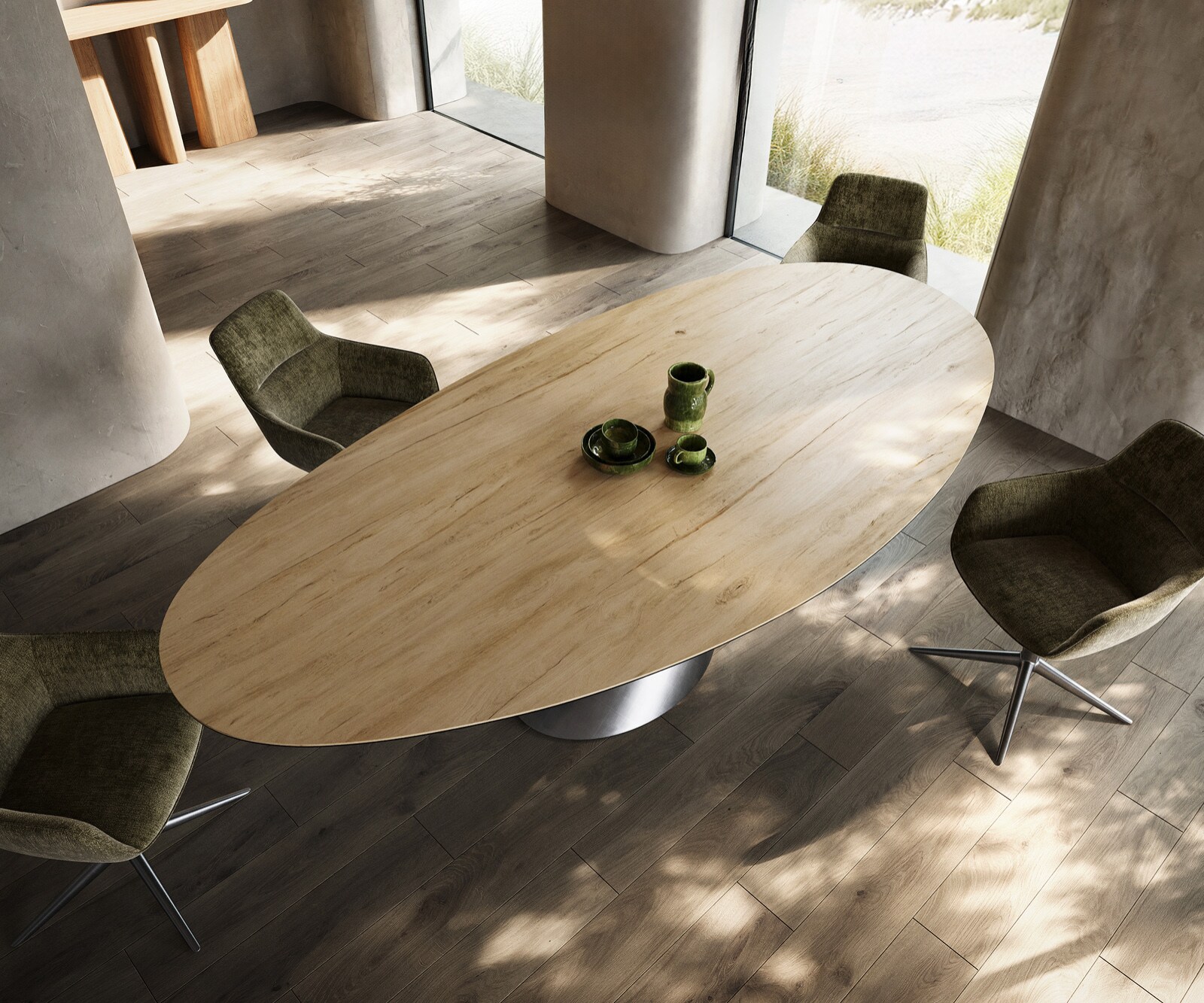 Table à manger Edge ovalee 280x130 céramique Laminam® Sabbia chêne coloré Cono métallique argent 3