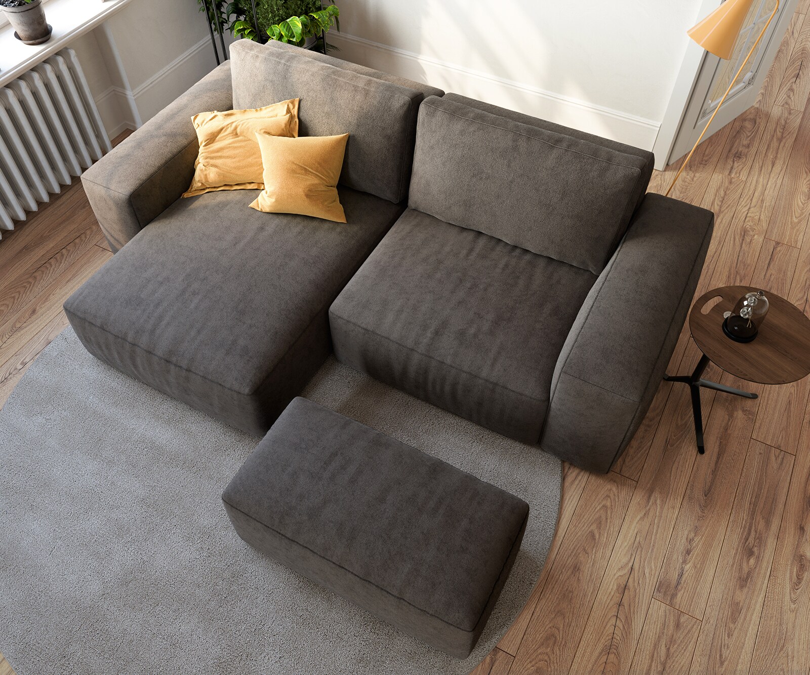 Canapé d’angle Lanzo 230x155 cm microfibre brun kaki méridienne réversible avec pouf 5