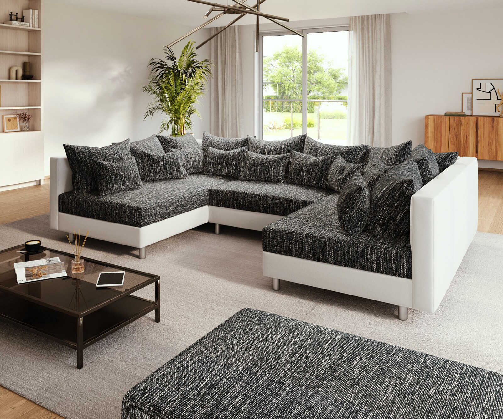 Canapé panoramique Clovis Blanc Noir modulable avec tabouret 