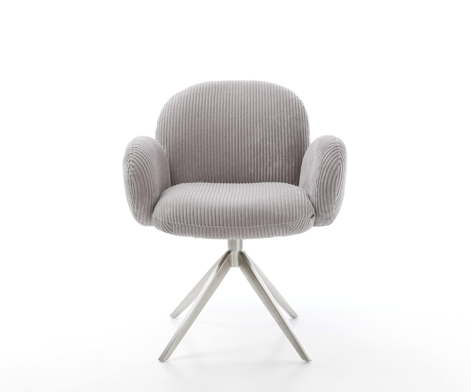 Chaise-pivotante Nube-Flex avec accoudoirs côtelé gris argenté pied croisé large acier inoxydable brossé pivotement sur 360° ressorts ensachés 2