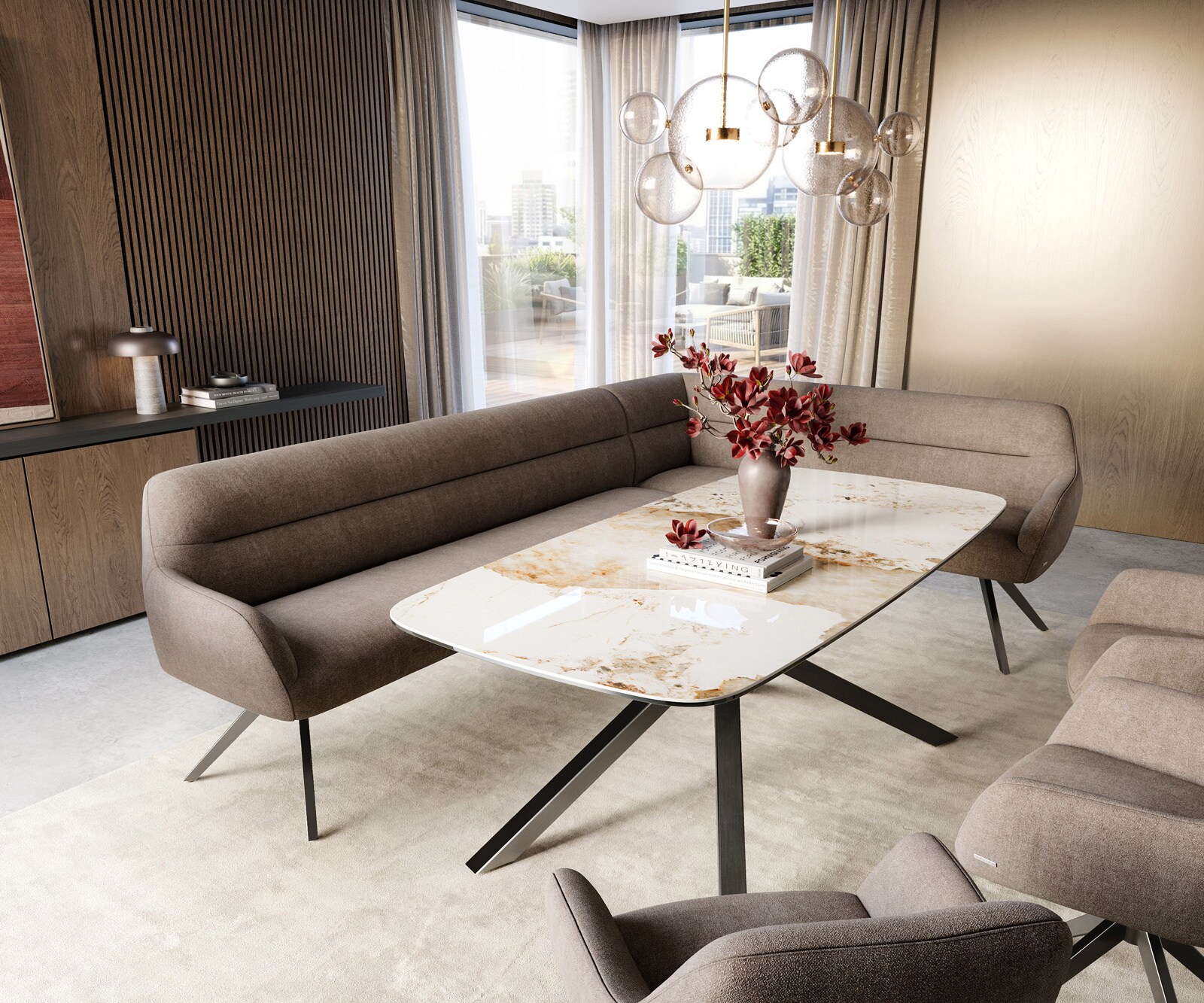 Banc-de-salle-à-manger Taya-Flex 285x190 cm tissu structuré doux taupe pied croisé angulaire grafiete ressort ensaché liens 1