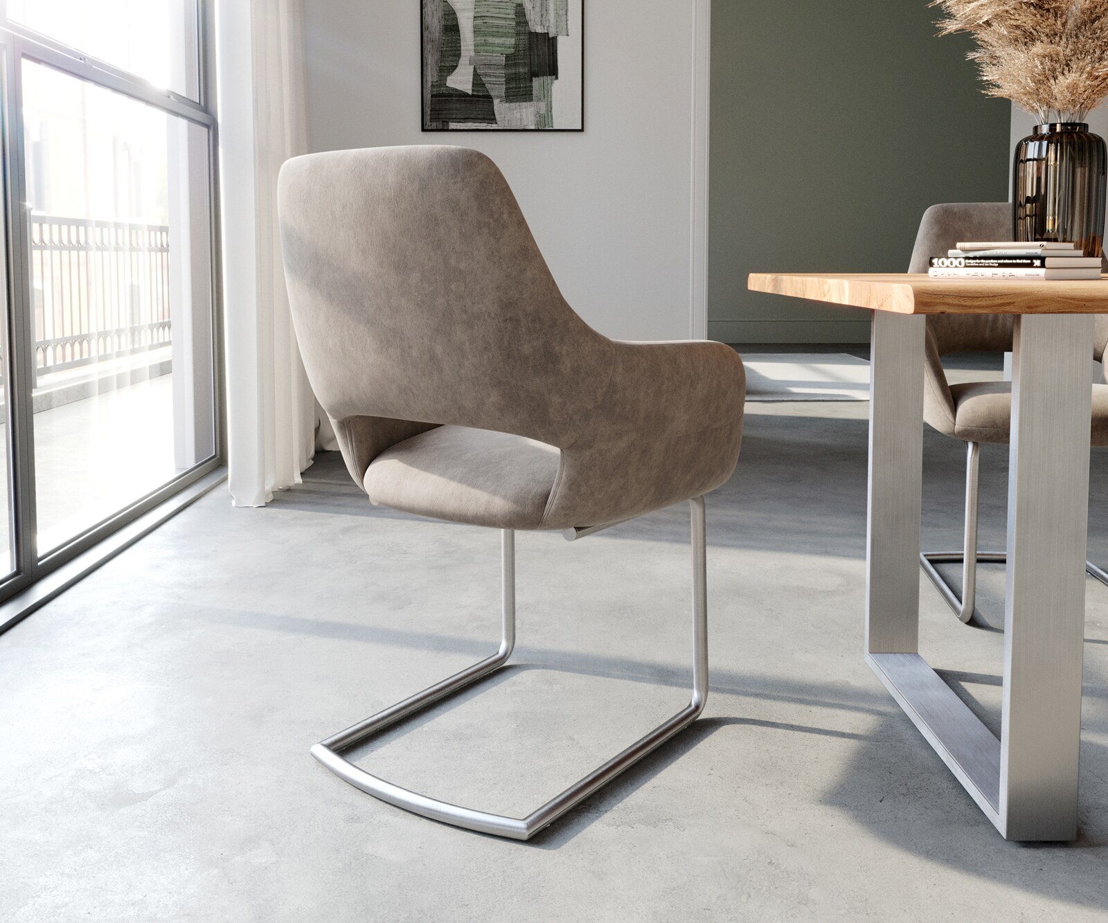 Cantilever Yago-Flex avec accoudoirs microvelours taupe vintage pied cantilever rond acier inoxydable brossé ressorts ensachés 5