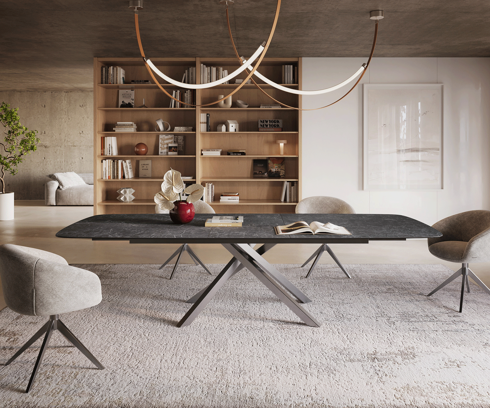 Table à manger Edge Boot 240-300x120 cm Céramique Laminam® Nero Greco Anthracite piètement en croix Rectangle Acier inoxydable extensible 2