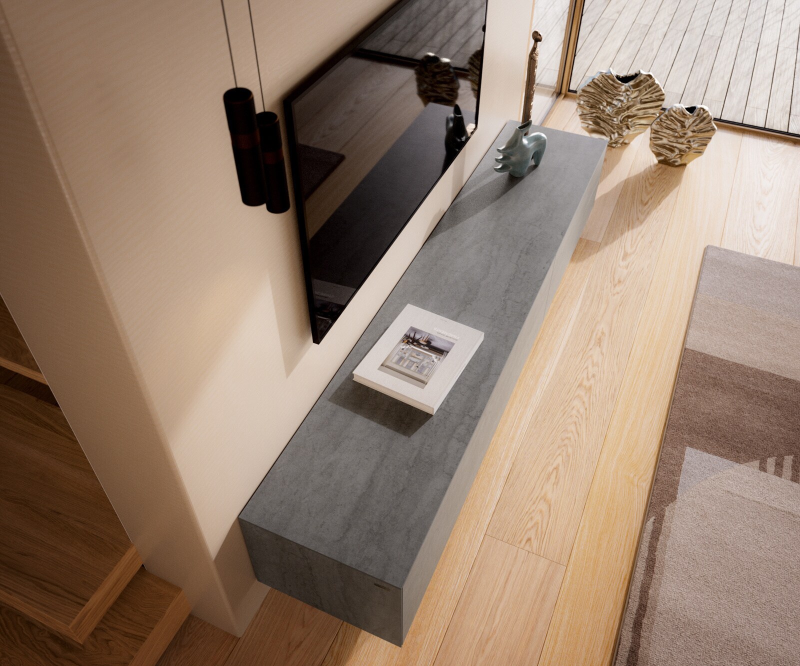 Meuble-TV Cuor 220 cm Céramique Béton gris 1 Clapet 2 Tiroirs Pied optique flottant Métal Noir 4