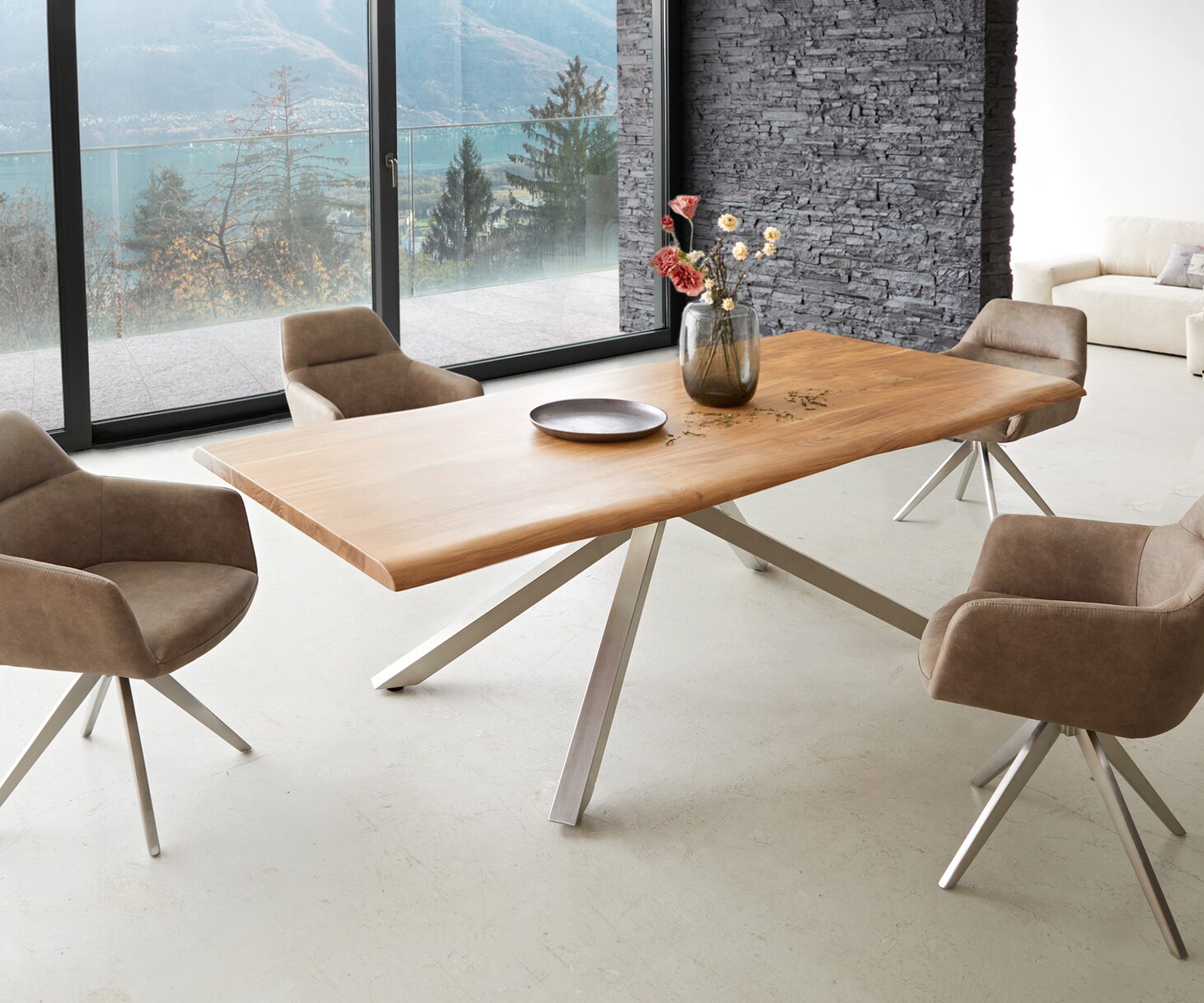 Table à manger Edge 240x100 acacia nature cadre croisé rectangle acier inoxydable Live-Edge 6