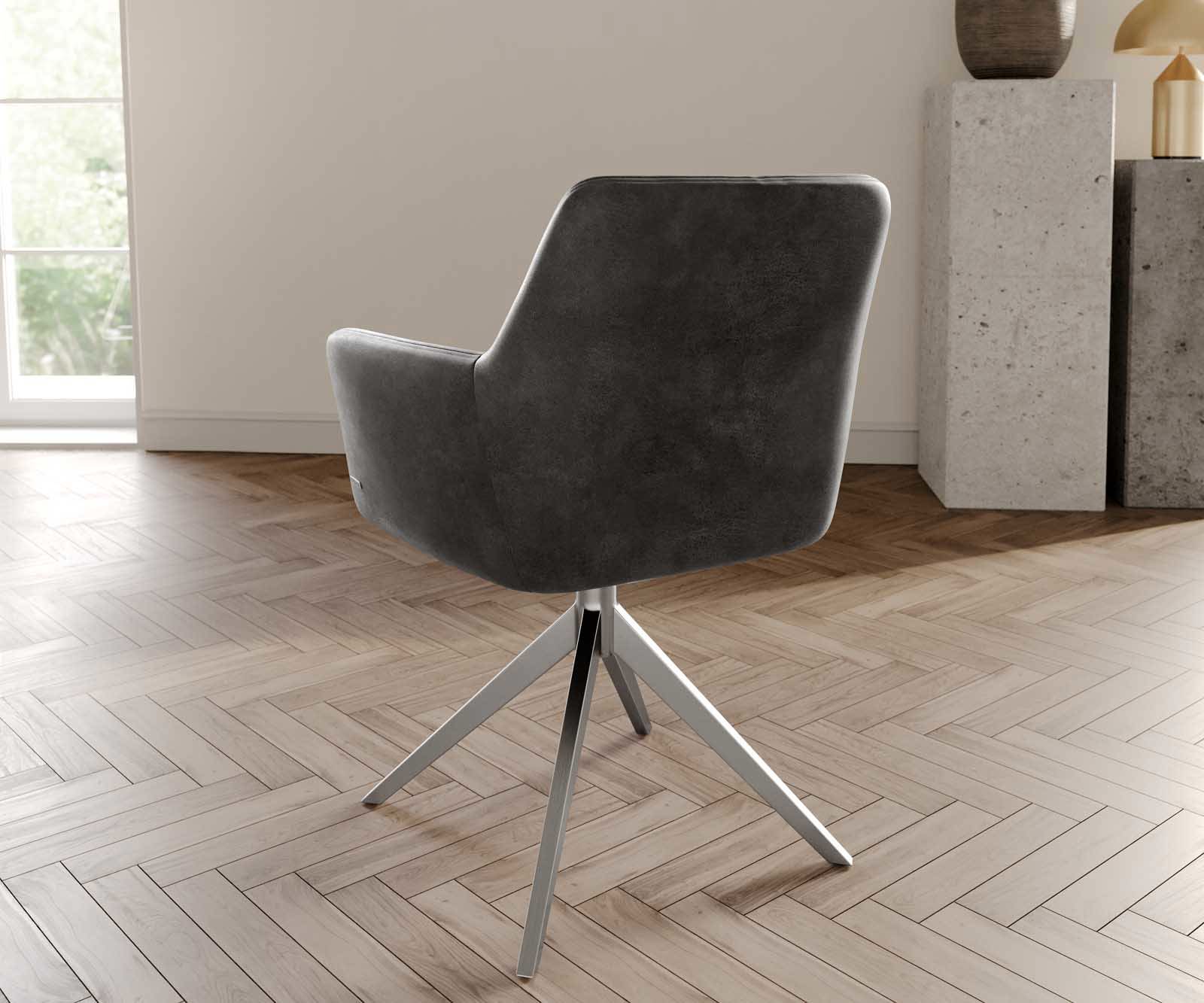 Chaise-pivotante Xana-Flex avec accoudoirs microvelours anthracite vintage pied croisé large acier inoxydable brossé pivotement sur 360° ressorts ensachés 3