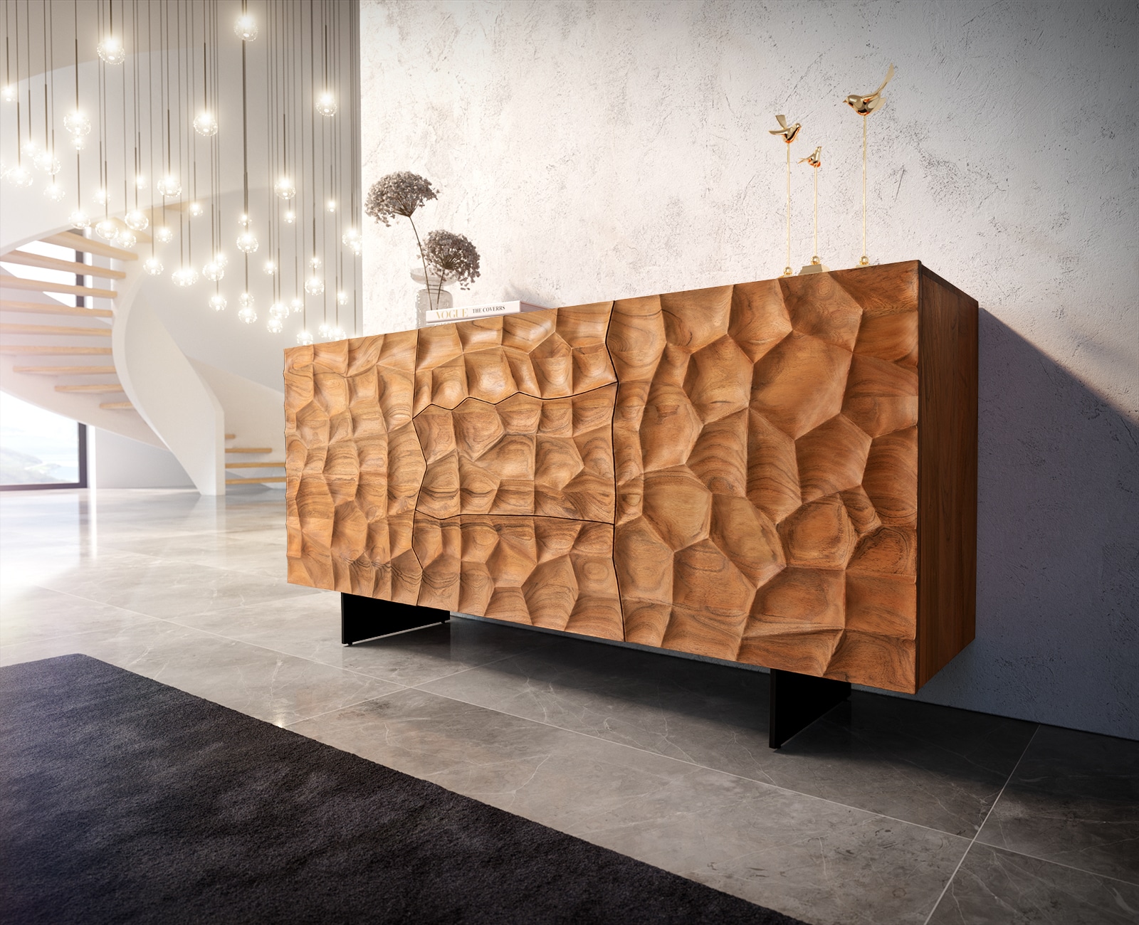Buffet Solu 175 cm acacia naturel 2 portes 3 tiroirs pied flottant métal noir façade 3D 1