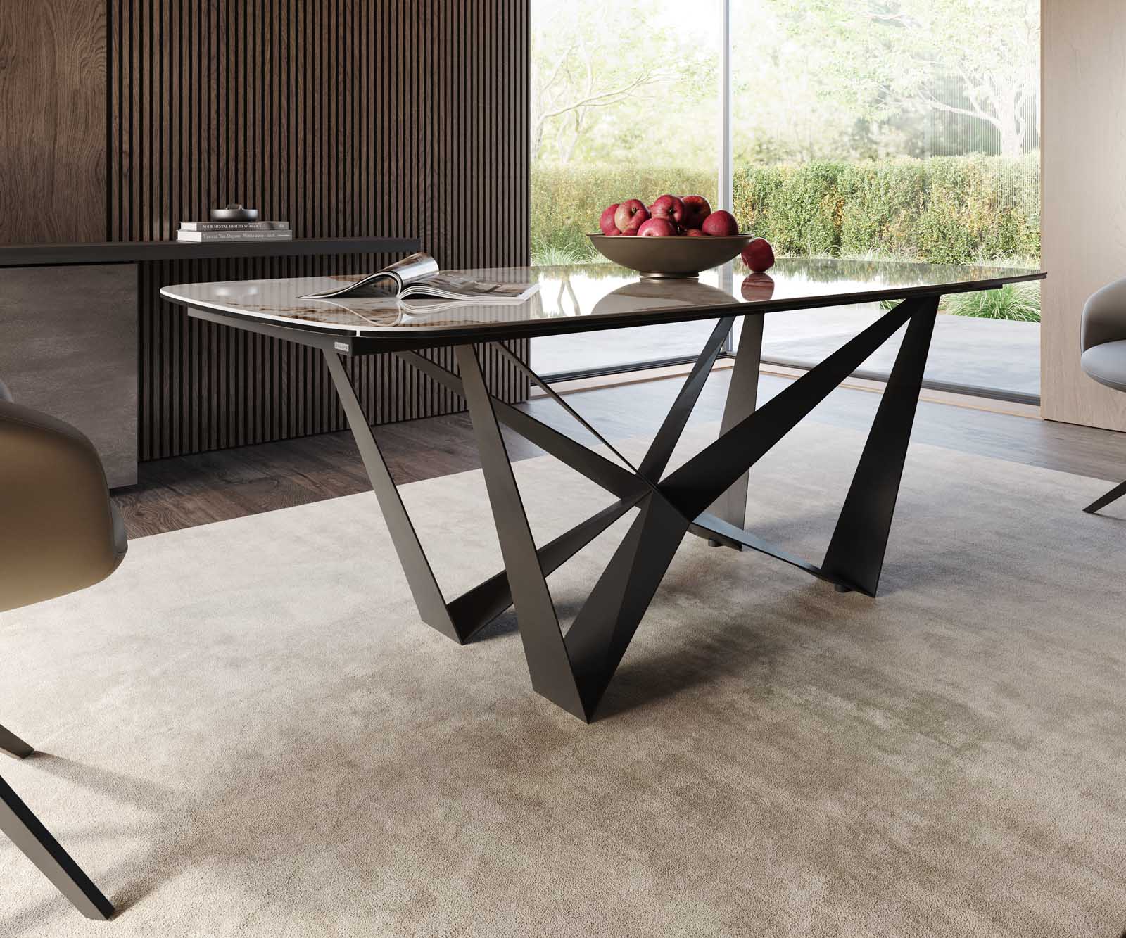 Table à manger Edge en forme de bateau 200x100 céramique Minas mélange blanc-beige Spider acier plat noir 5 Table à manger Edge en forme de bateau 200x100 céramique Minas mélange blanc-beige Spider acier plat noir 5