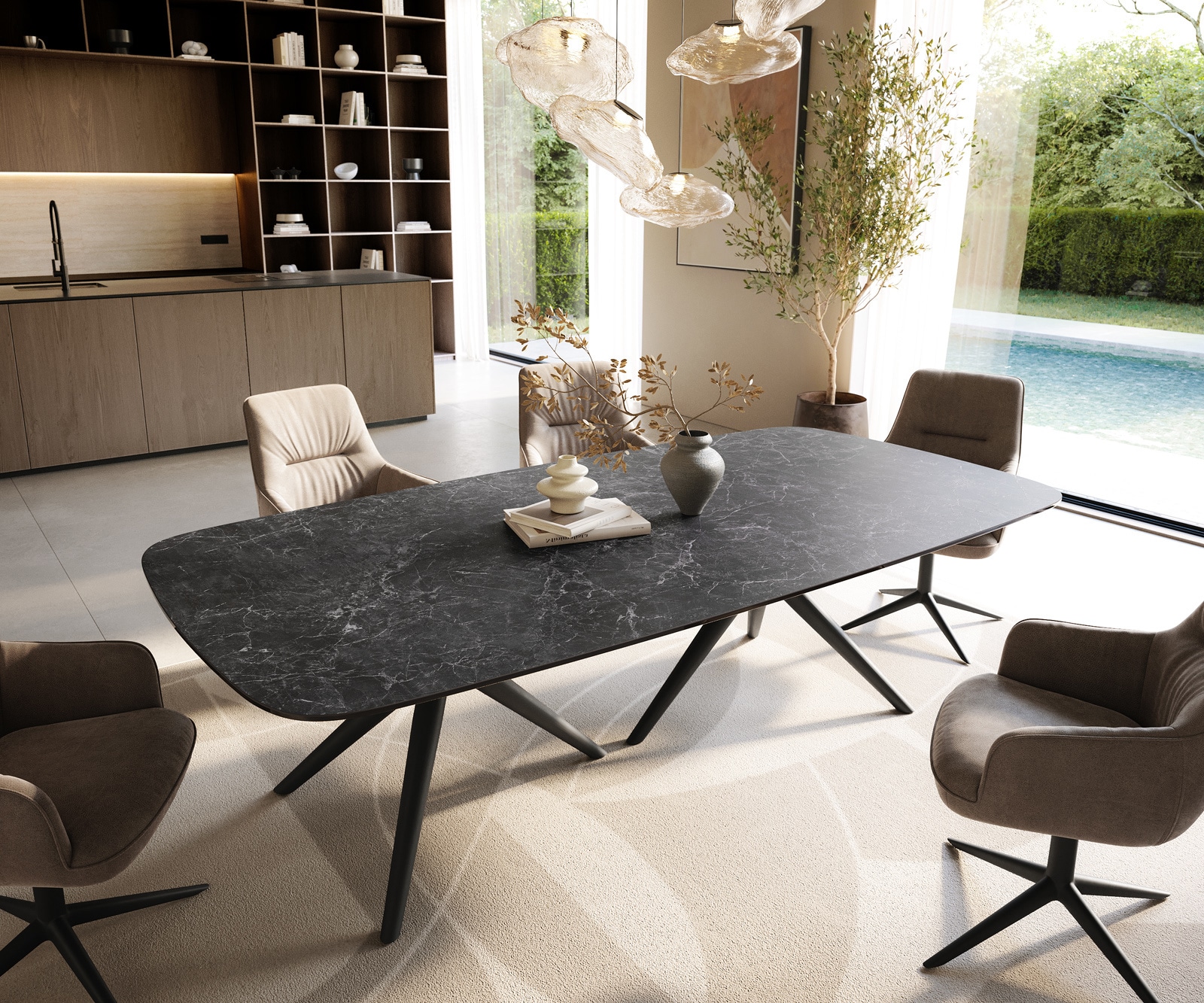 Table à manger Edge Boot 240x120 cm Céramique Laminam® Nero Greco Anthracite Estelar rond Métal Noir