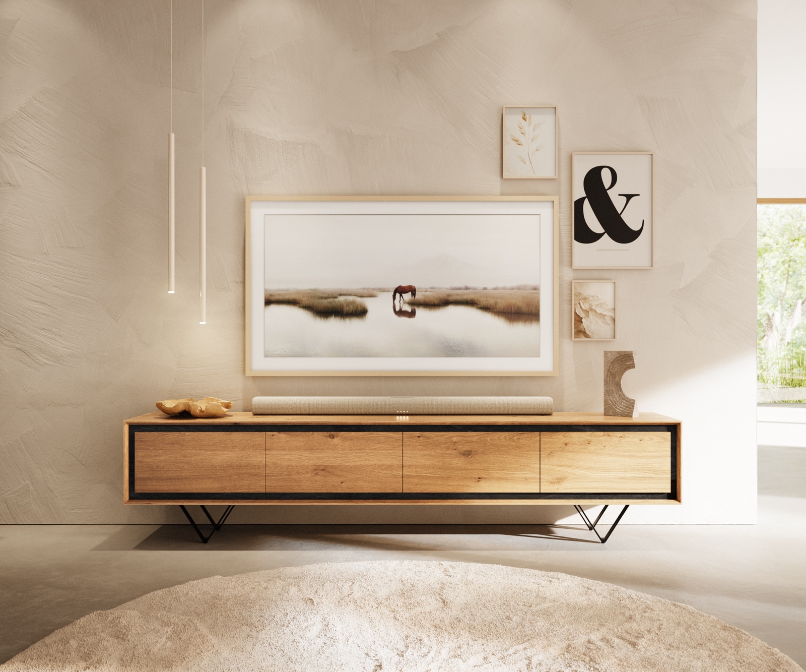 Meuble-TV Stonegrace 200 cm chêne naturel 4 portes placage pierre pied en V métal noir 1 Meuble-TV Stonegrace 200 cm chêne naturel 4 portes placage pierre pied en V métal noir 1