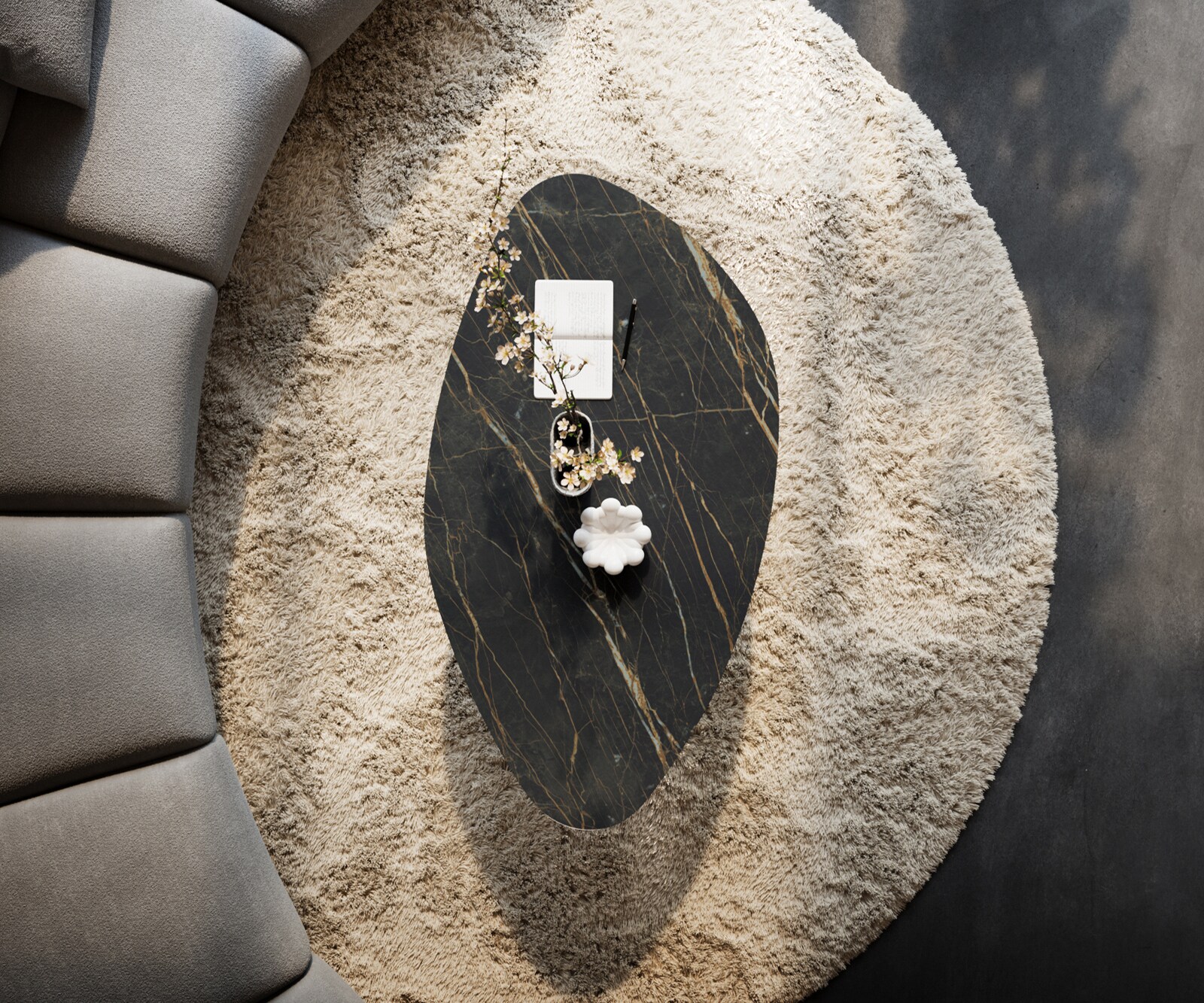 Table basse Edge Organique 140x76 cm céramique Laminam® Noir Desir brun Conis métal noir 6