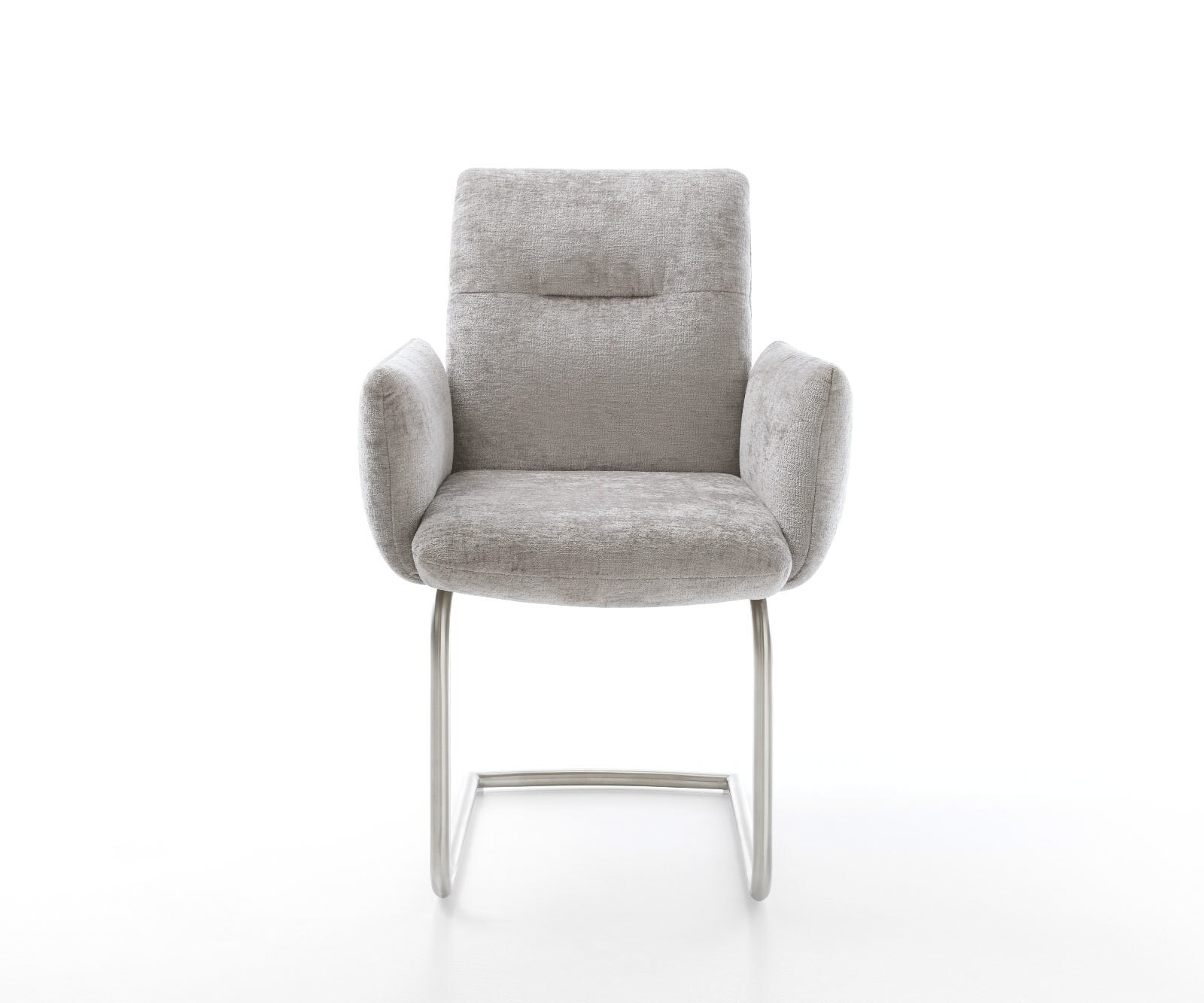 Cantilever Jova-Flex avec accoudoirs chenille gris argenté pied cantilever rond acier inoxydable brossé ressorts ensachés 1