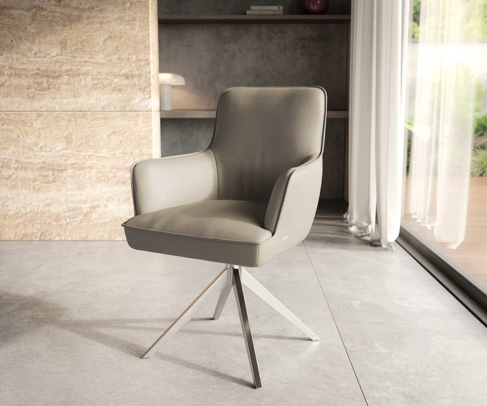 Chaise-pivotante Heira-Flex avec accoudoirs cuir de vache couleur boue pied croisé large acier inoxydable brossé pivotement sur 360° ressorts ensachés Chaise-pivotante Heira-Flex avec accoudoirs cuir de vache couleur boue pied croisé large acier inoxydable brossé pivotement sur 360° ressorts ensachés