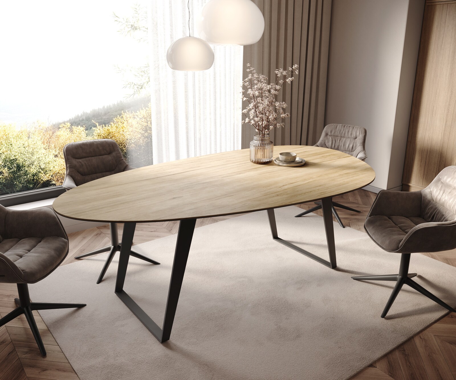 Table à manger Edge Oval 220x120 cm Céramique Laminam® Sabbia couleur chêne Métal Oblique Noir 1