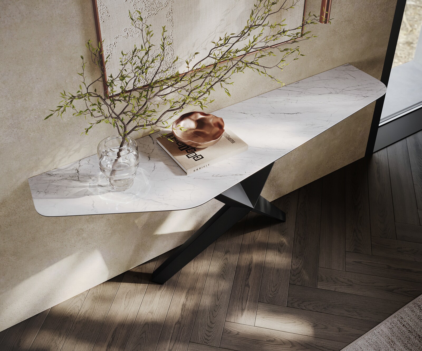 Console Edge Polygonal 180x50 cm Céramique Laminam® Statuarietto Weiß Zentharo Métal Noir 2