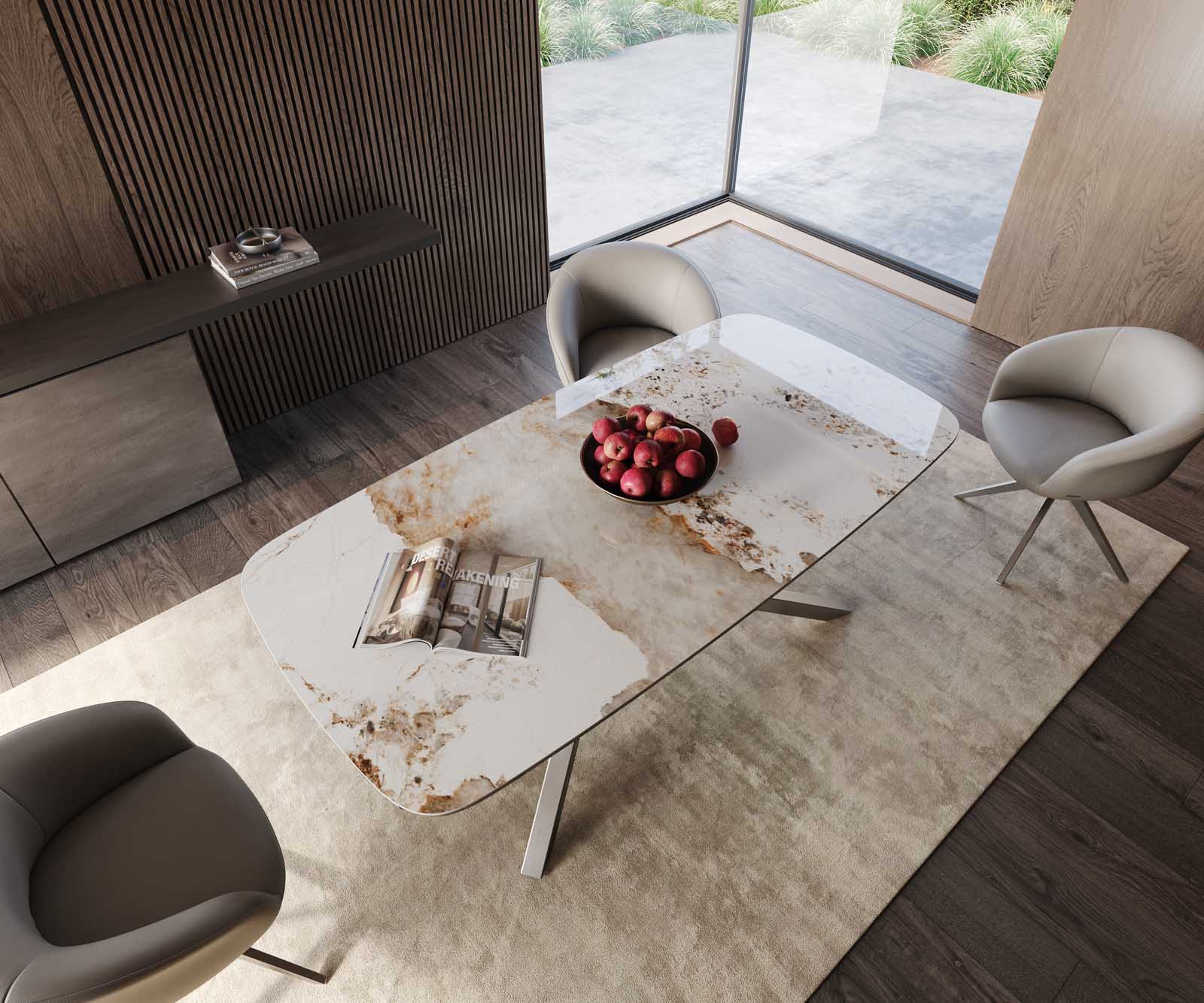 Table à manger Edge en forme de bateau 200x100 céramique Minas mélange blanc-beige cadre croisé rectangulaire acier inoxydable 4 Table à manger Edge en forme de bateau 200x100 céramique Minas mélange blanc-beige cadre croisé rectangulaire acier inoxydable 4