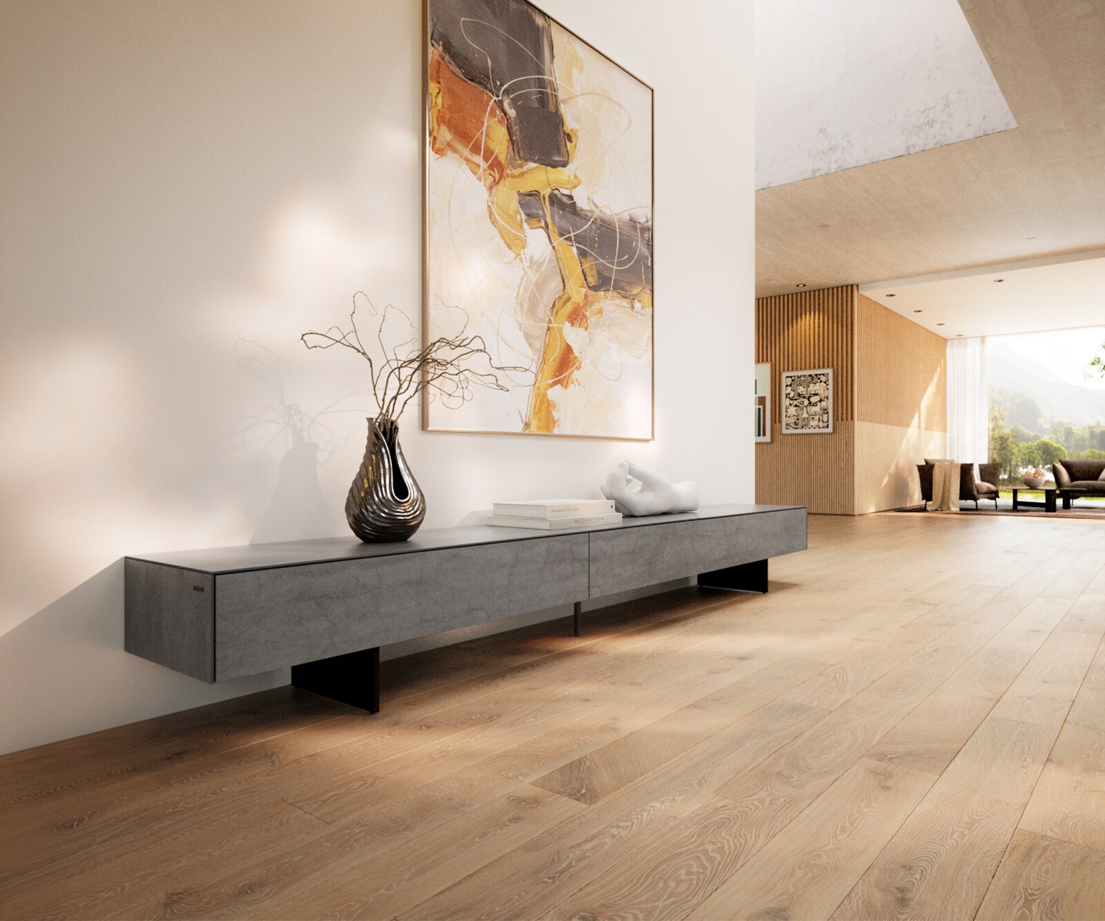 Meuble-TV Cuor 250 cm Céramique Béton gris 1 Clapet 1 Tiroir Pied optique flottant Métal Noir