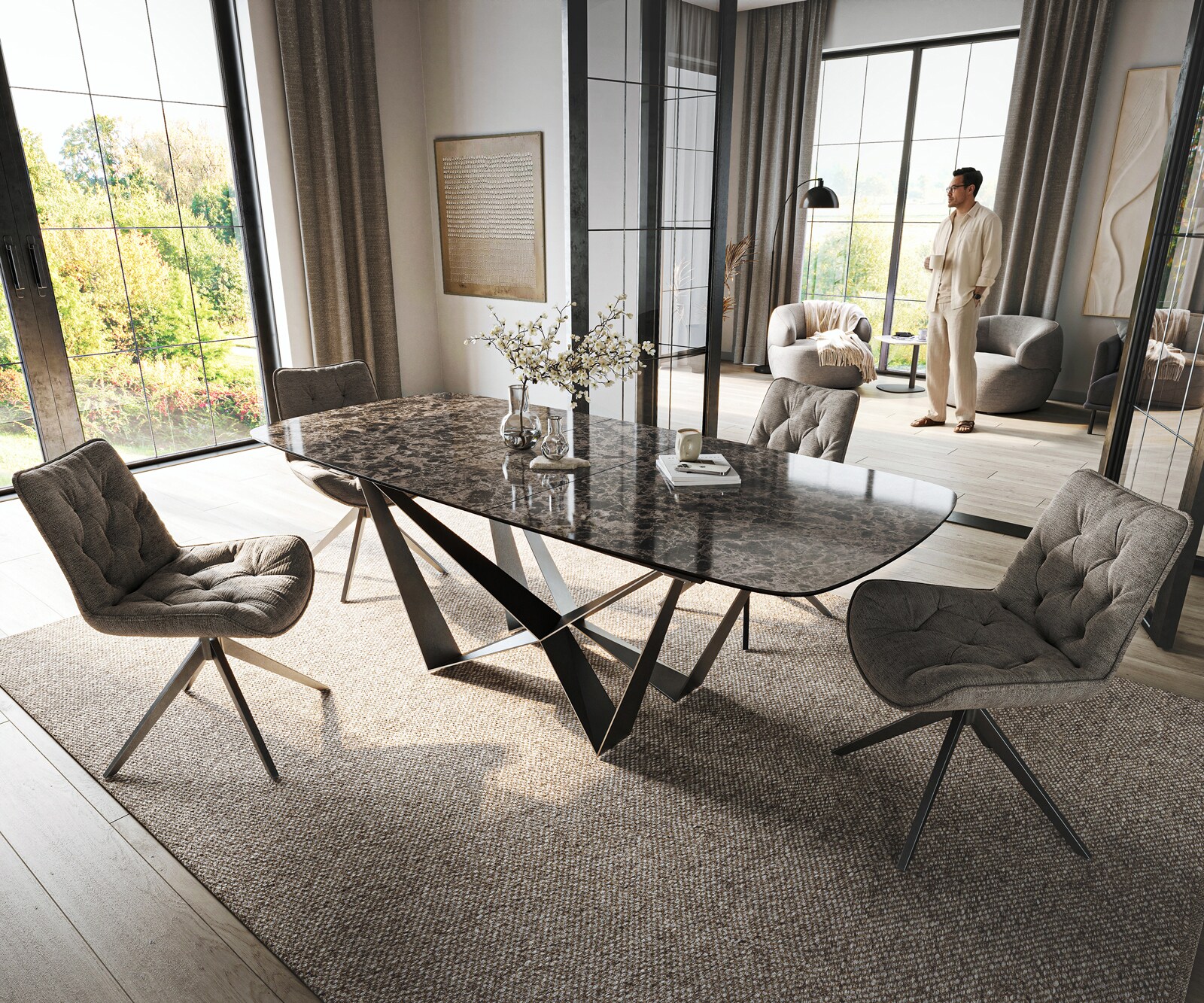 Table de salle à manger Edge Boot 180-220x100 cm Céramique Emperador Extra Lucidato Brun foncé Spider Acier plat Acier inoxydable Graphite extensible 1