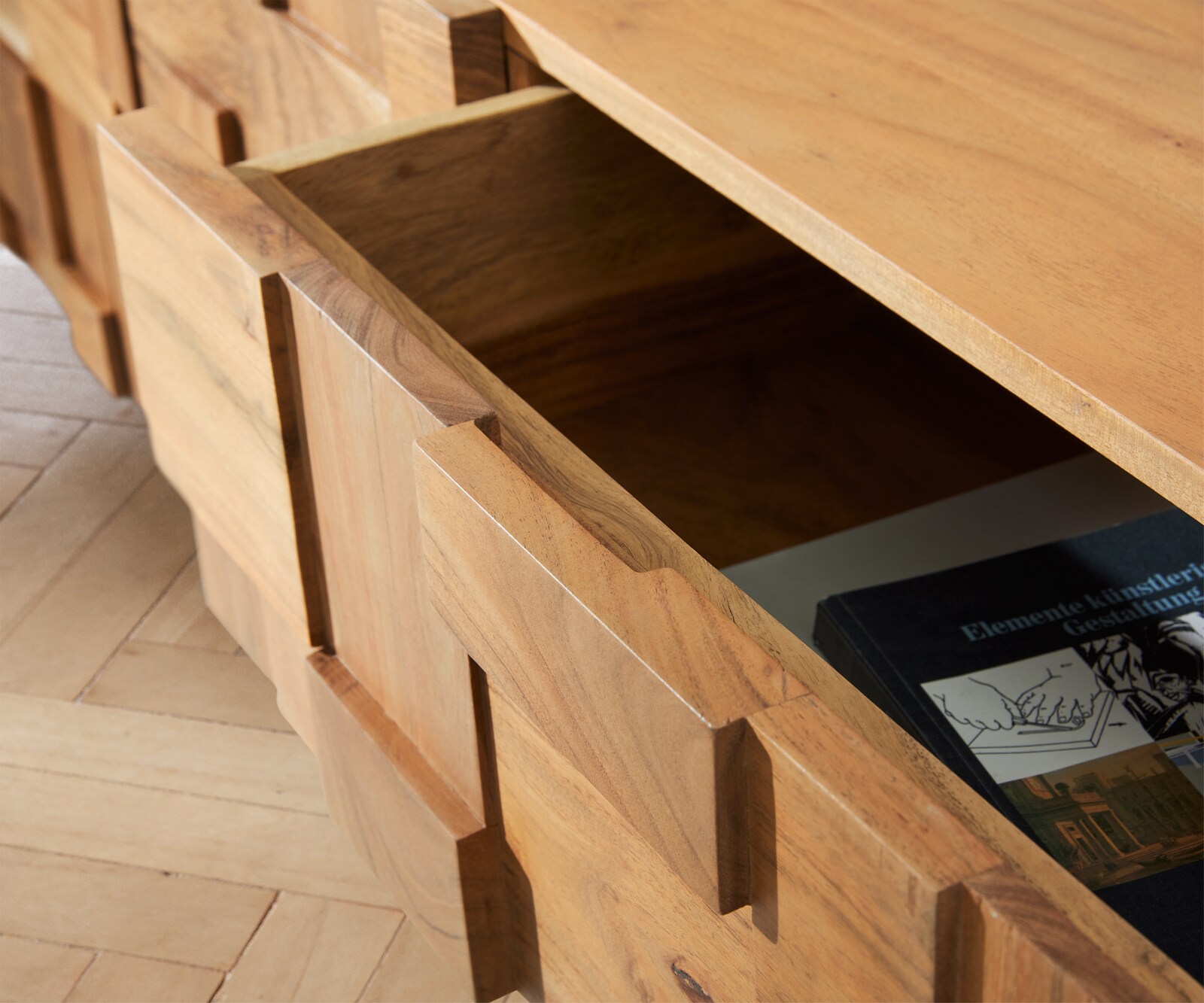 Meuble-TV Puzzle 260 cm acacia naturel pied équerre inoxydable 4