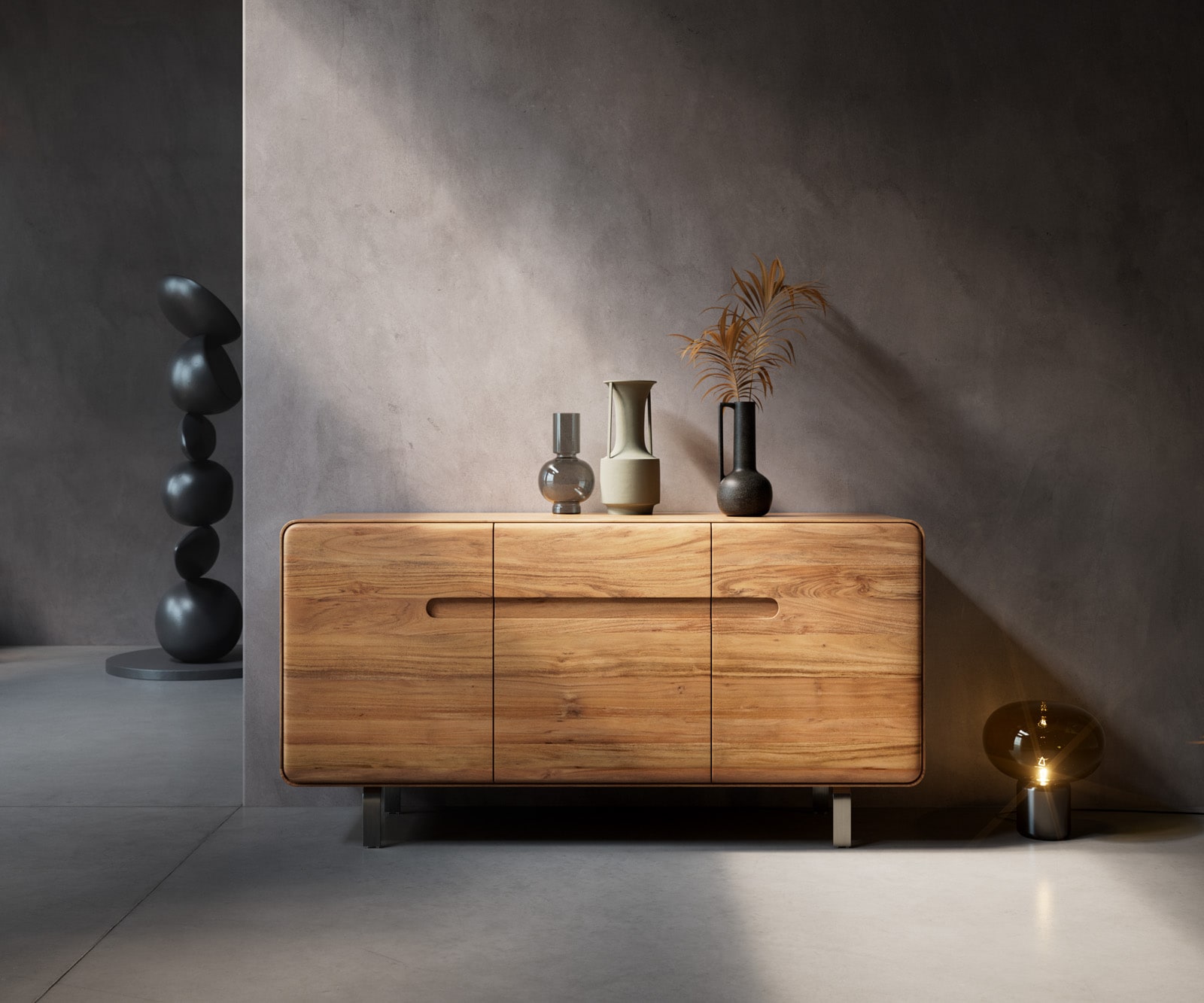 Buffet Anaya 145 cm acacia naturel 3 portes pied en L inox Buffet Anaya 145 cm acacia naturel 3 portes pied en L inox