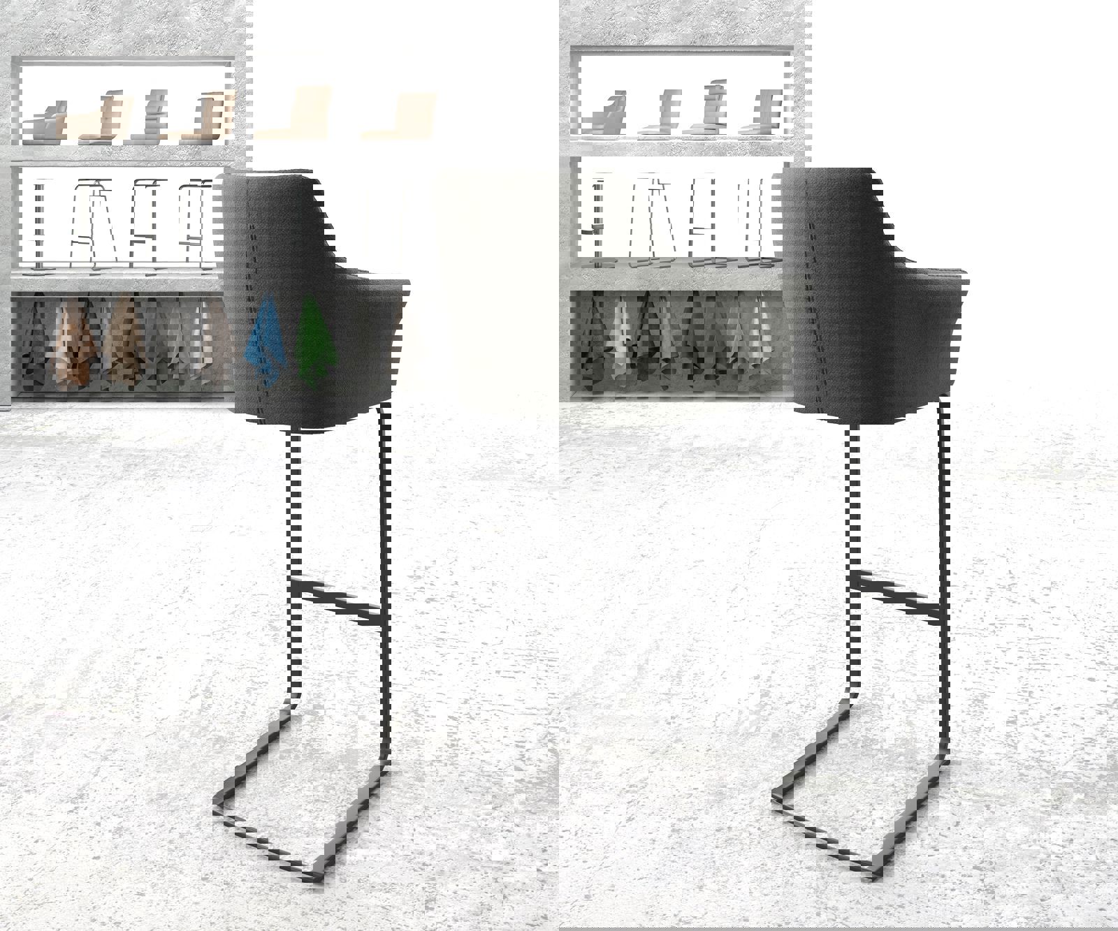 Chaise-de-bar Yulo-Flex tissu texturé anthracite chaise cantilever métal plat 2 Chaise-de-bar Yulo-Flex tissu texturé anthracite chaise cantilever métal plat 2