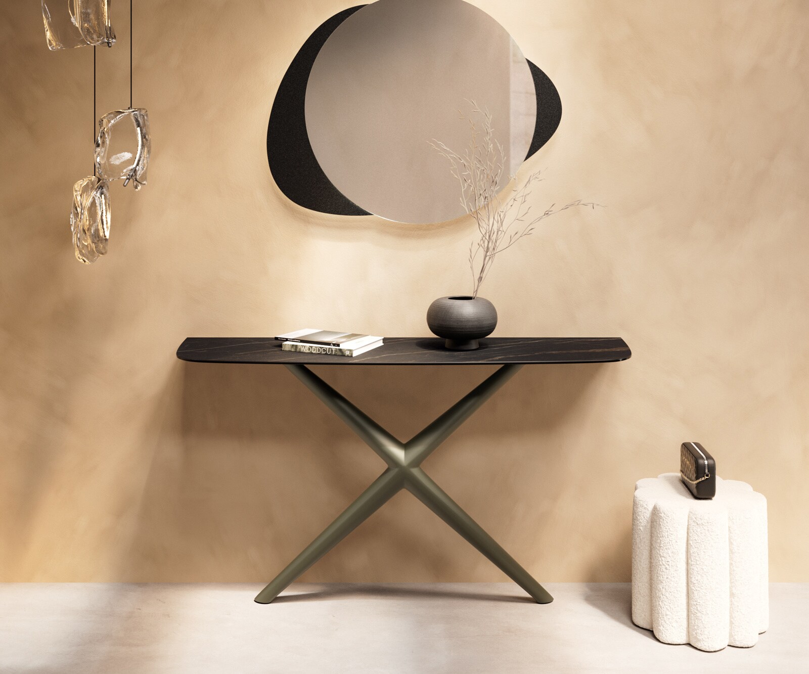 Console Edge forme bateau 140x40 cm Céramique Laminam® Noir Desir Braun Estelo Métal Effektfinish Titan 1
