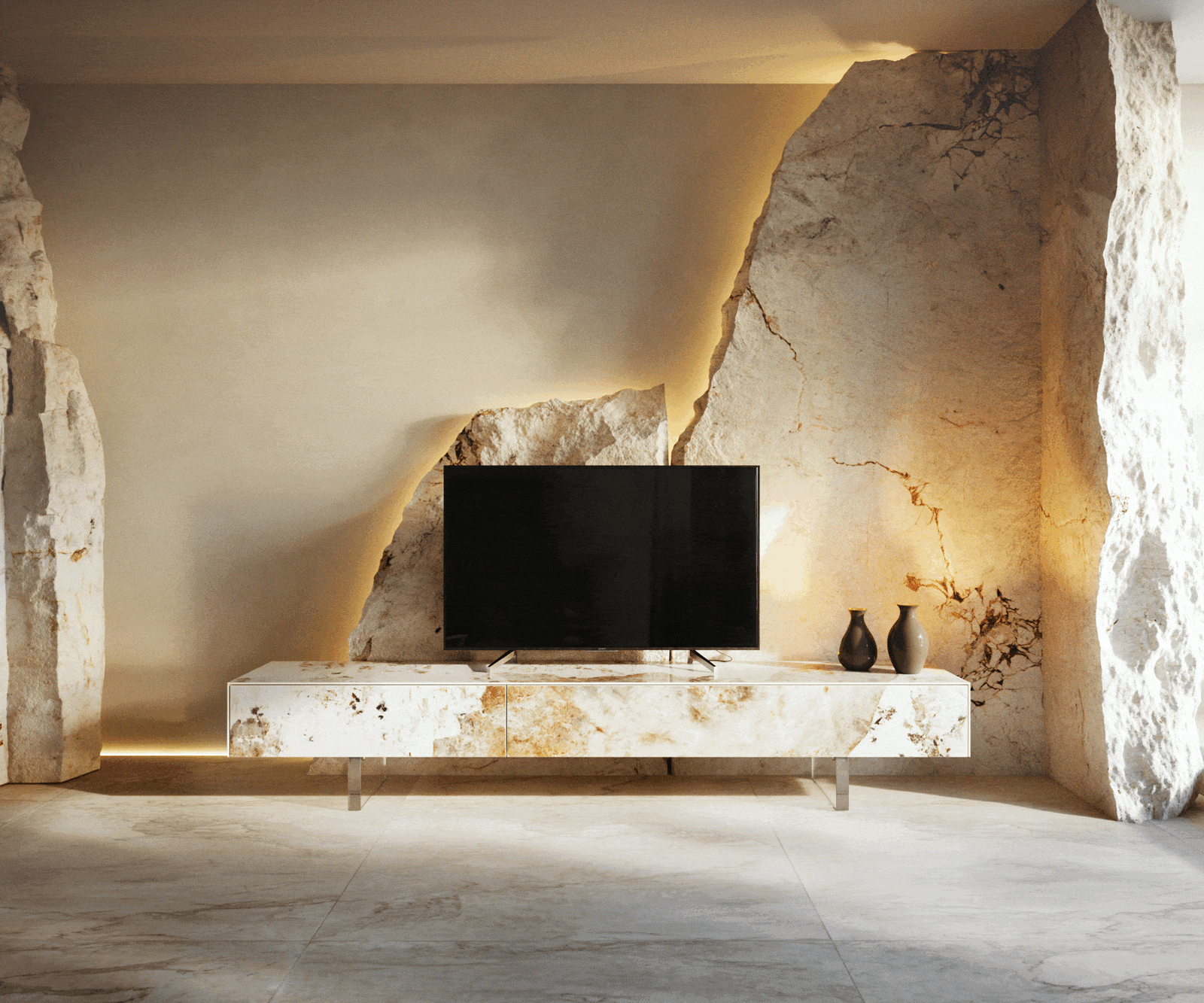 Meuble-TV Cuor 200 cm Céramique Minas Melange Blanc-beige 1 Clapet 1 Tiroir Pied optique flottant Verre acrylique 5