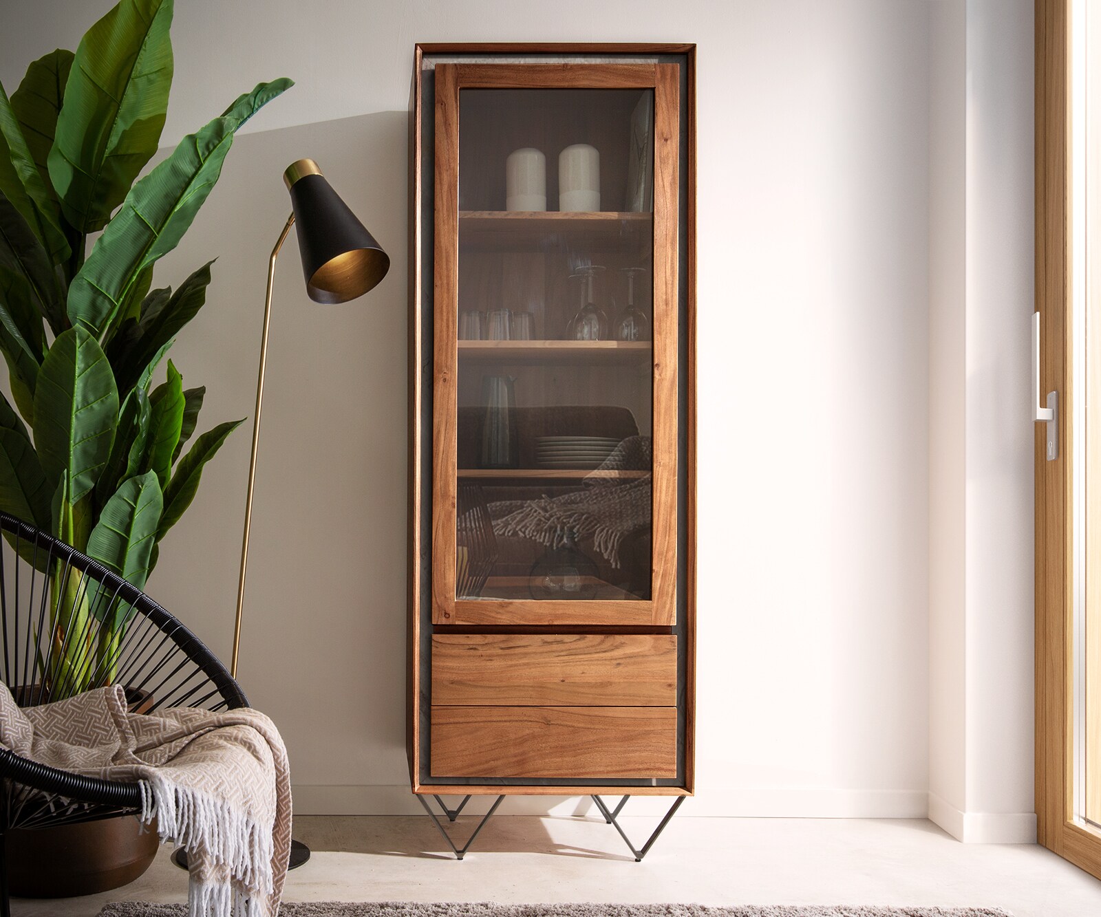 Buffet-Haut Stonegrace 60x180 cm acacia marron plaqué pierre 1 porte 2 tiroirs pied en V noir 1 Buffet-Haut Stonegrace 60x180 cm acacia marron plaqué pierre 1 porte 2 tiroirs pied en V noir 1