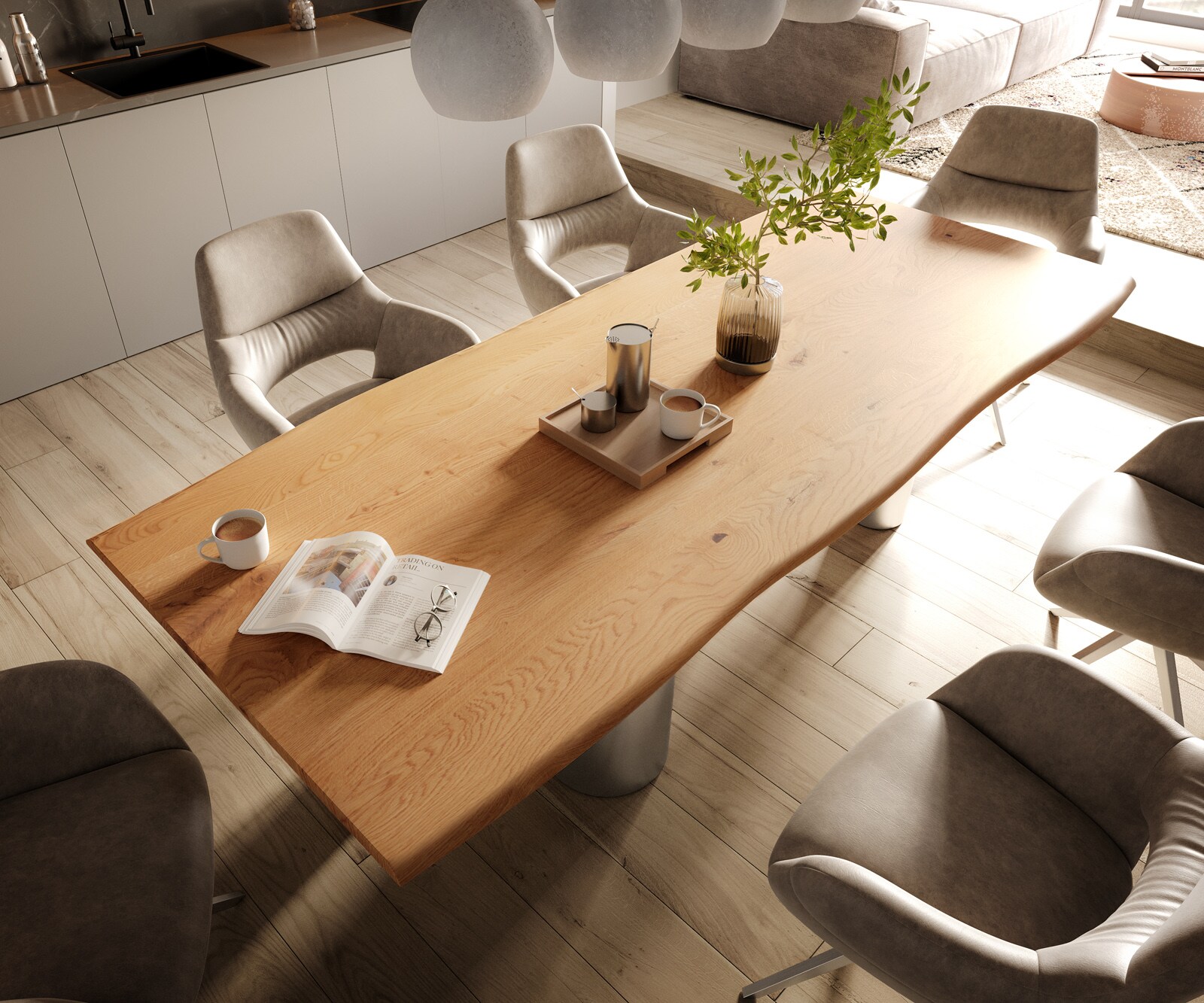 Table à manger Edge 260x100x2,5-3 Chêne Nature Pilier Acier inoxydable brossé Live-Edge 4