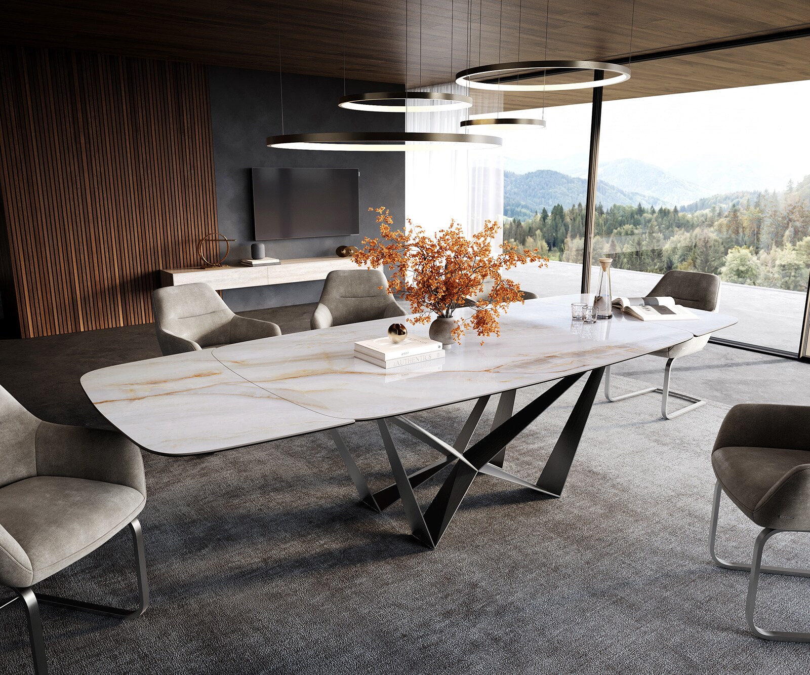 Table à manger Edge Boot 200-300x120 cm Céramique Onyx Pearl Spider Acier plat Acier inoxydable Graphite extensible 1