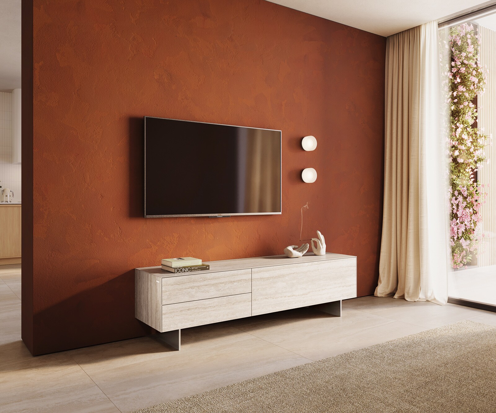 Meuble-TV Cuor 180 cm Céramique Laminam® Travertino Bianco Crème-blanc 1 Clapet 2 Tiroirs Pied optique flottant Ancier inoxydable