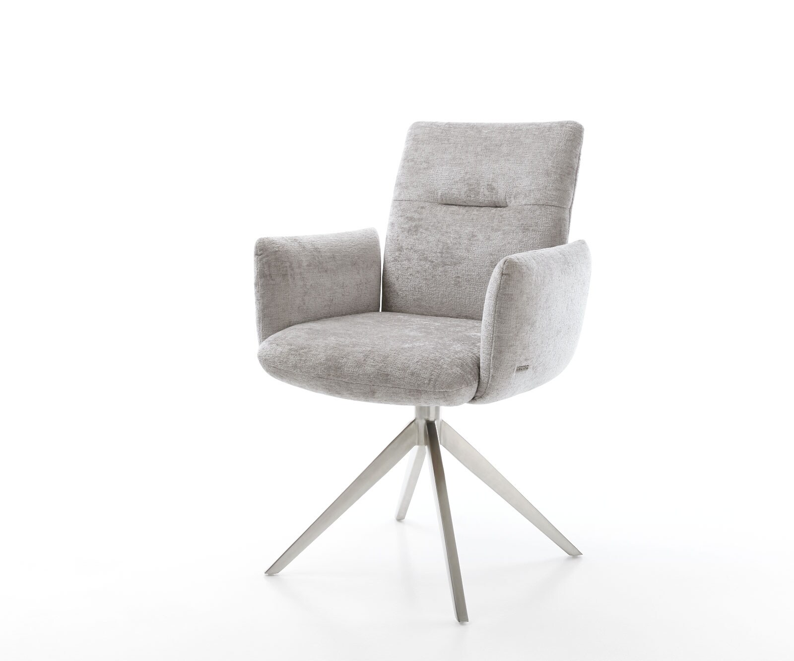 Chaise-pivotante Jova-Flex avec accoudoirs chenille gris argenté pied croisé large acier inoxydable brossé pivotement sur 360° fonction bascule ressorts ensachés