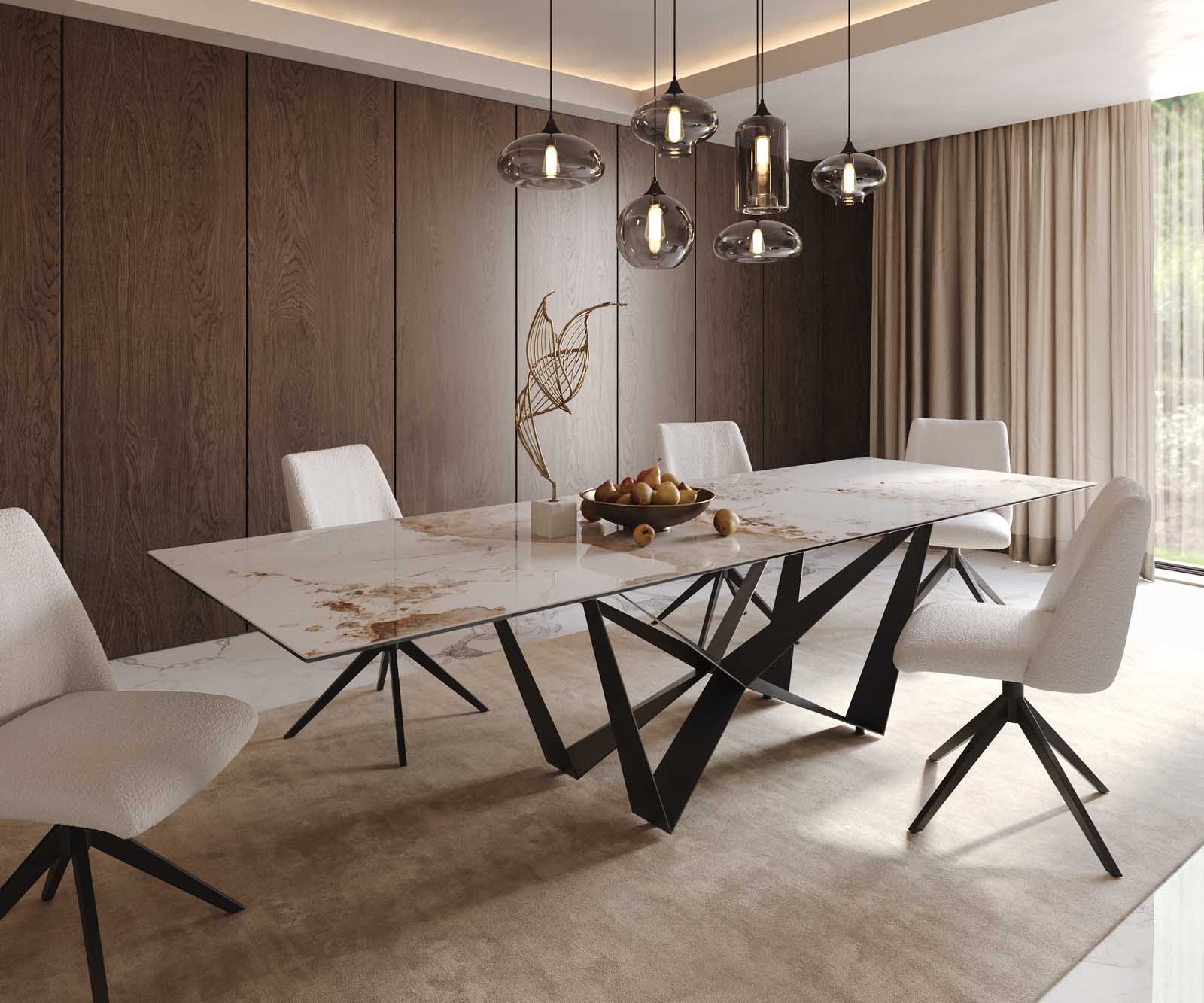 Table à manger Edge 300x100 céramique Minas mélange blanc-beige Spider acier plat noir 1