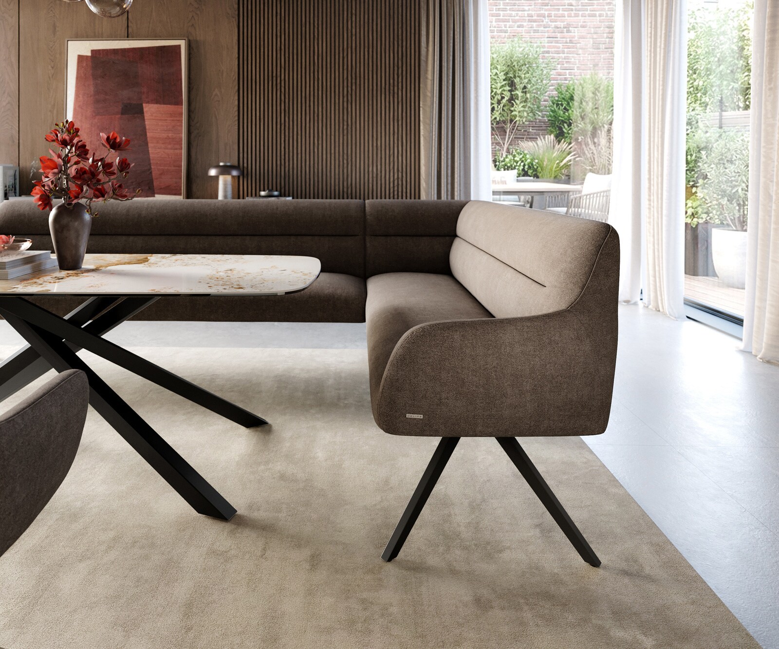 Banc-de-salle-à-manger Taya-Flex 285x190 cm tissu structuré doux taupe pied croisé angulaire noir ressort ensaché liens 5