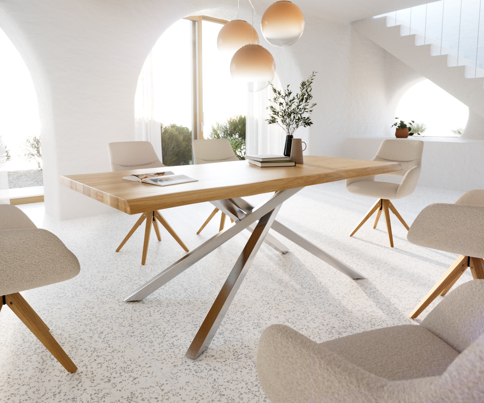 Table à manger Edge 200x100 chêne nature cadre croisé rectangle acier inoxydable Live-Edge laqué Table à manger Edge 200x100 chêne nature cadre croisé rectangle acier inoxydable Live-Edge laqué