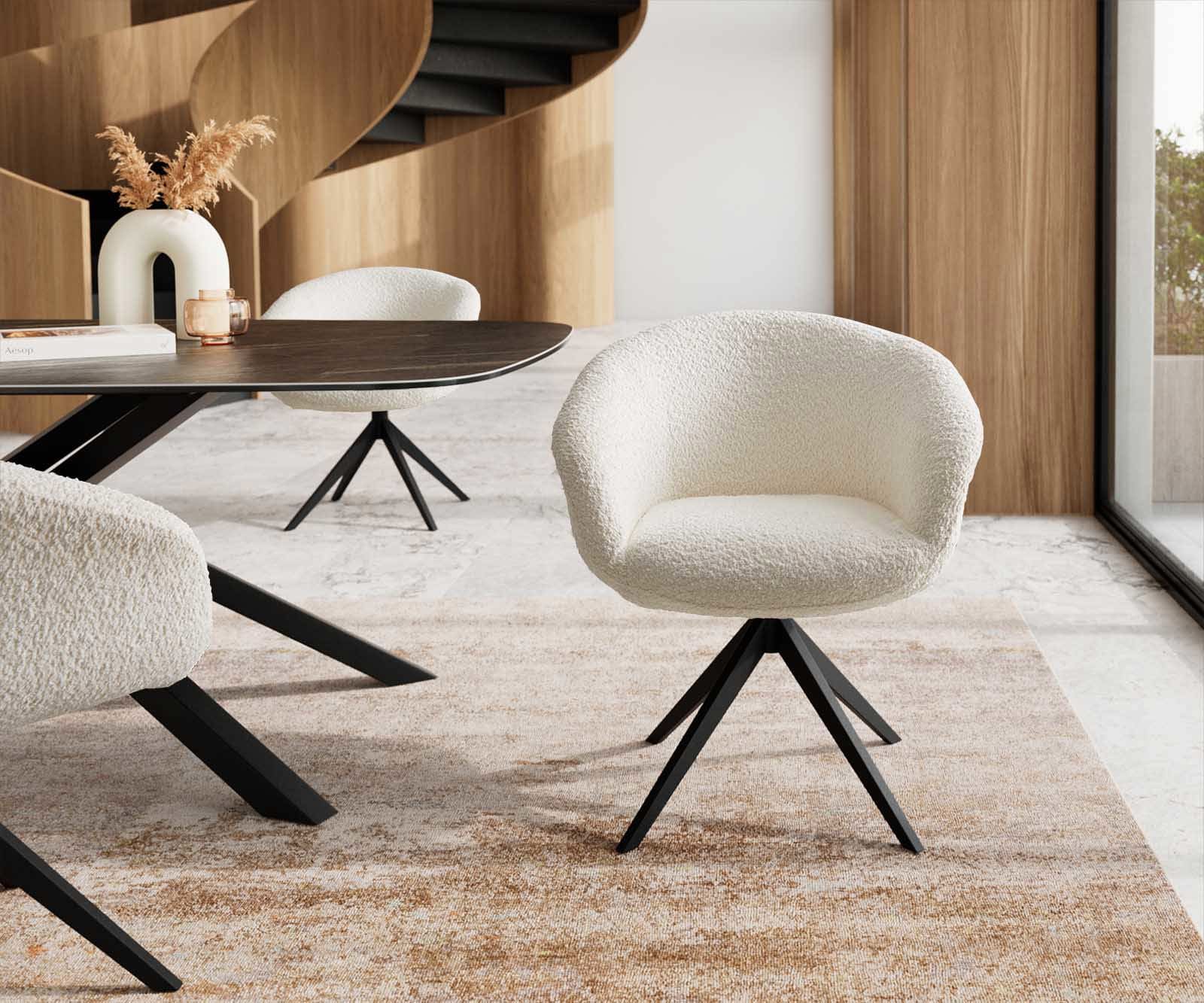 Chaise-pivotante Vinka-Flex avec accoudoirs bouclé blanc pied croisé large noir pivotement sur 360° ressorts ensachés 1 Chaise-pivotante Vinka-Flex avec accoudoirs bouclé blanc pied croisé large noir pivotement sur 360° ressorts ensachés 1