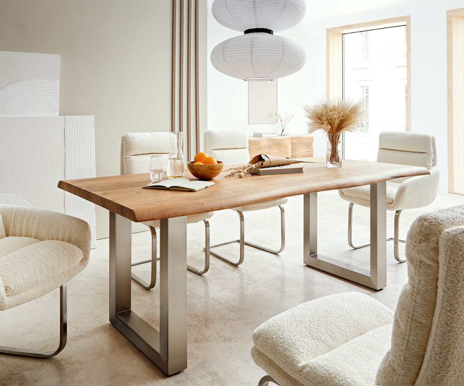 Table-à-manger Edge 180x90 XL acacia nature acier inoxydable large Live-Edge Table-à-manger Edge 180x90 XL acacia nature acier inoxydable large Live-Edge