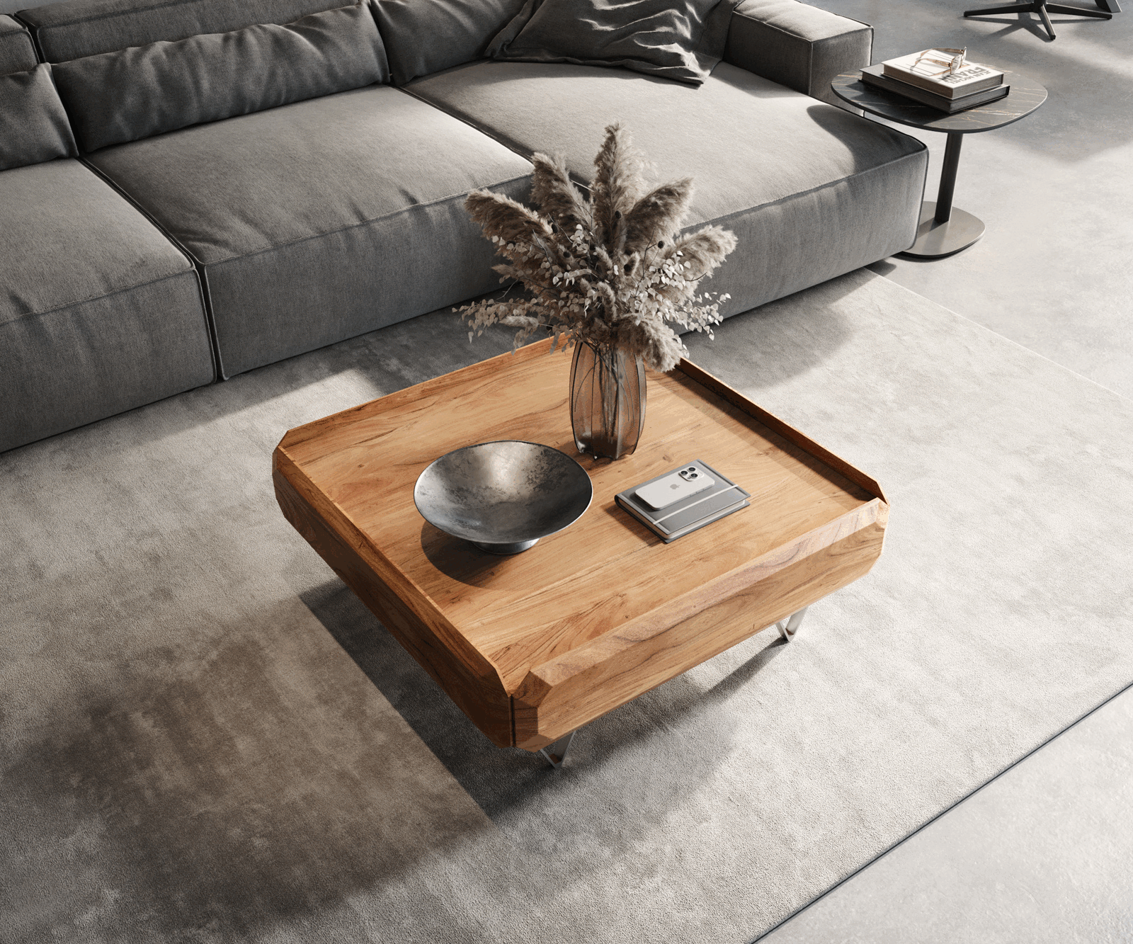 Table-basse Kiano 90x90 cm Acacia Nature 2 Tiroirs Pied en V Acier inoxydable 3