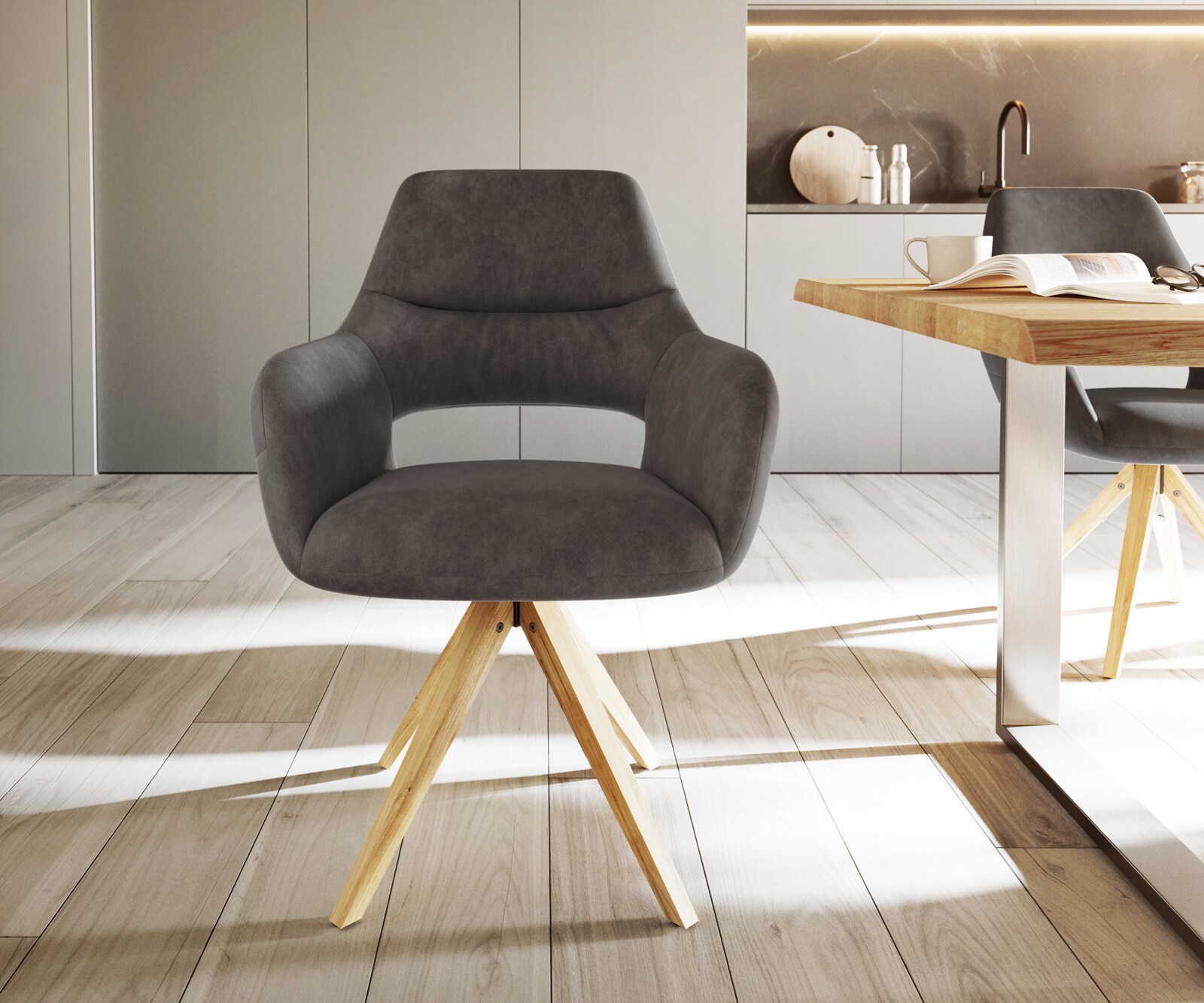 Chaise-de-salle-à-manger Yago-Flex avec accoudoirs microvelours anthracite vintage pied en bois angulaire naturel ressorts ensachés 2