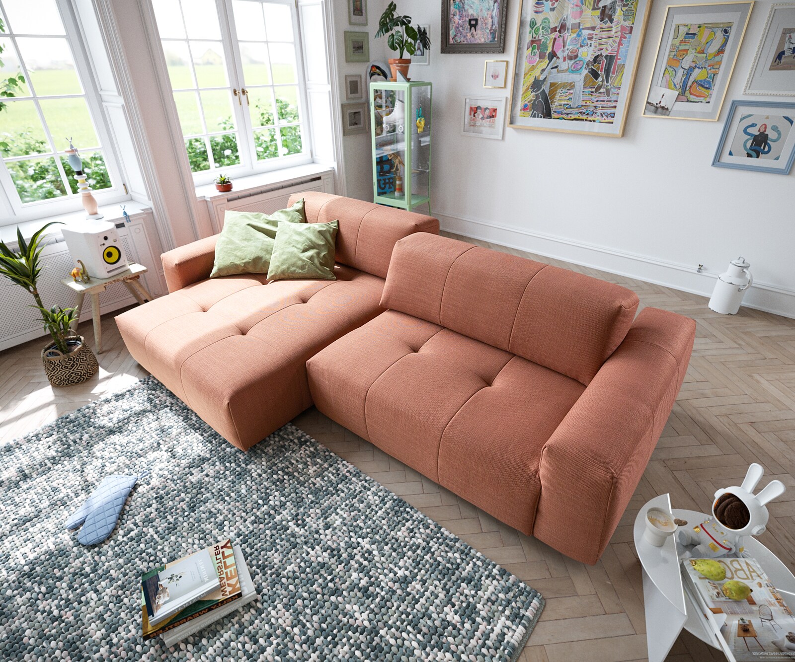 Canapé-d'angle Lazaro 300x160 cm tissu plat orange ottomane à gauche avec réglage de la profondeur d'assise 4