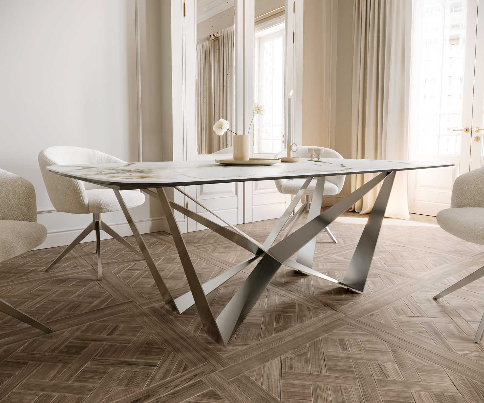 Table à manger Edge en forme de bateau 200x100 céramique Calacatta Luxe blanc-doré-gris Spider acier plat acier inoxydable 5